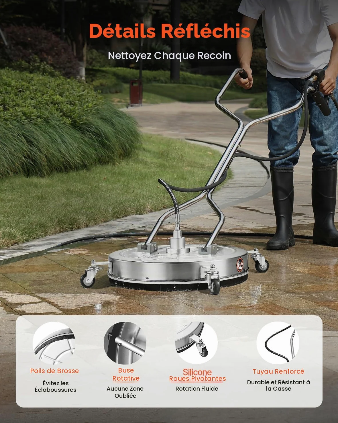 VEVOR Nettoyeur de surface pour nettoyeur haute pression 612 mm, accessoire nettoyeur sol en acier inox avec 4 roues, 276 bar max. connecteur 0,95 cm 2 buses de pulvérisation pour béton patio trottoir