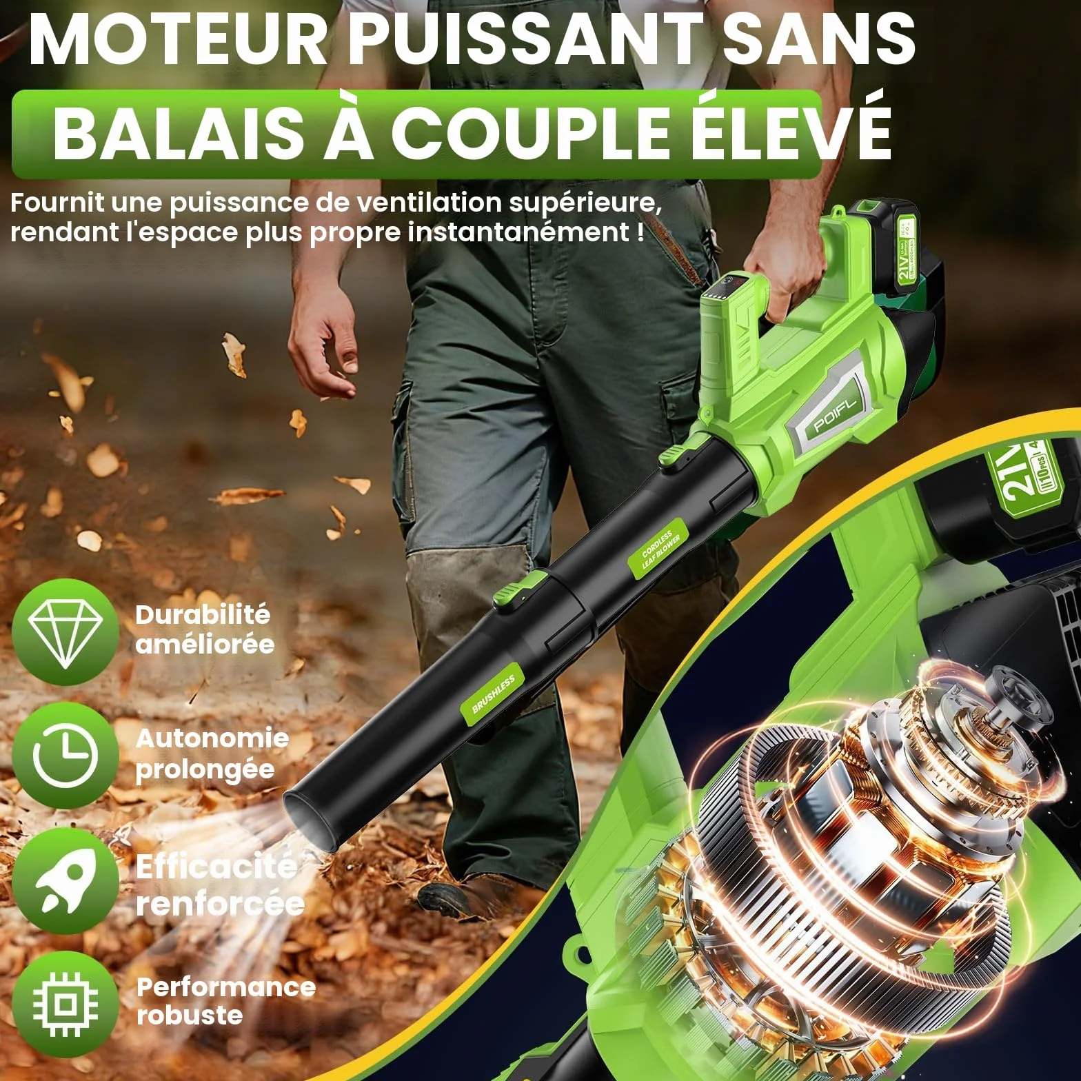 Souffleur de Feuilles sans Fil, 1200W Souffleur Batterie avec 6 Vitesses, 780 m³/h, Vitesse d’air Jusqu’à 245 km/h, Souffleur Feuille avec 2x4000 mAh Batterie & Un Sangle pour Jardin Cour Pelouse