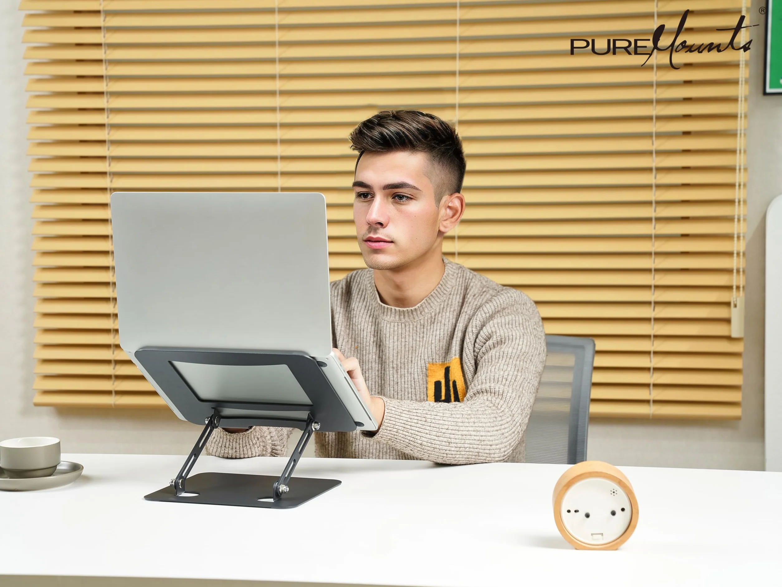 PureMounts Support Ordinateur Portable Réglable Hauteur Pliable Ergonomique Base Pivotante 360° Ventilation Patins Antidérapants Noir