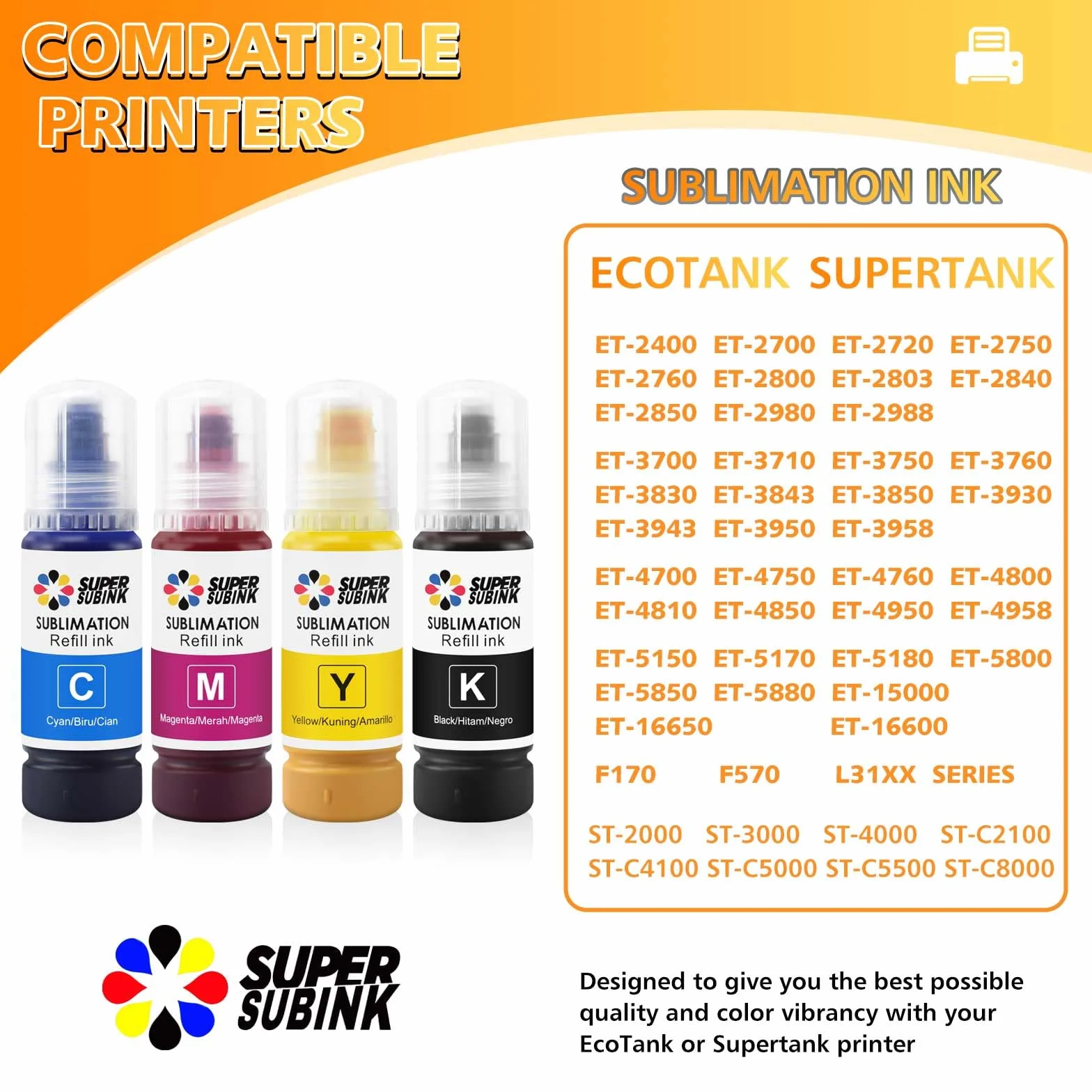 Sublimation Ink for Epson 2800 ET2850 ET2720 ET2760 ET4800 ET15000 Heat Press Transfer Ink