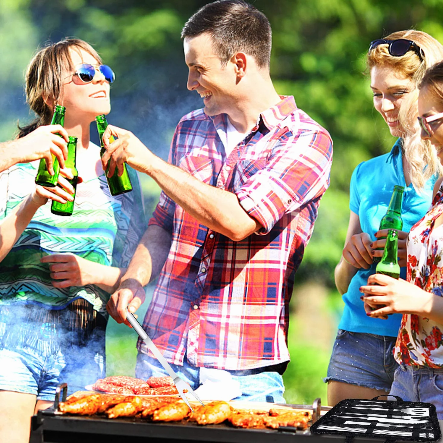 Outil de Barbecue en Acier Inoxydable Portable avec étui de Transport pour Camping