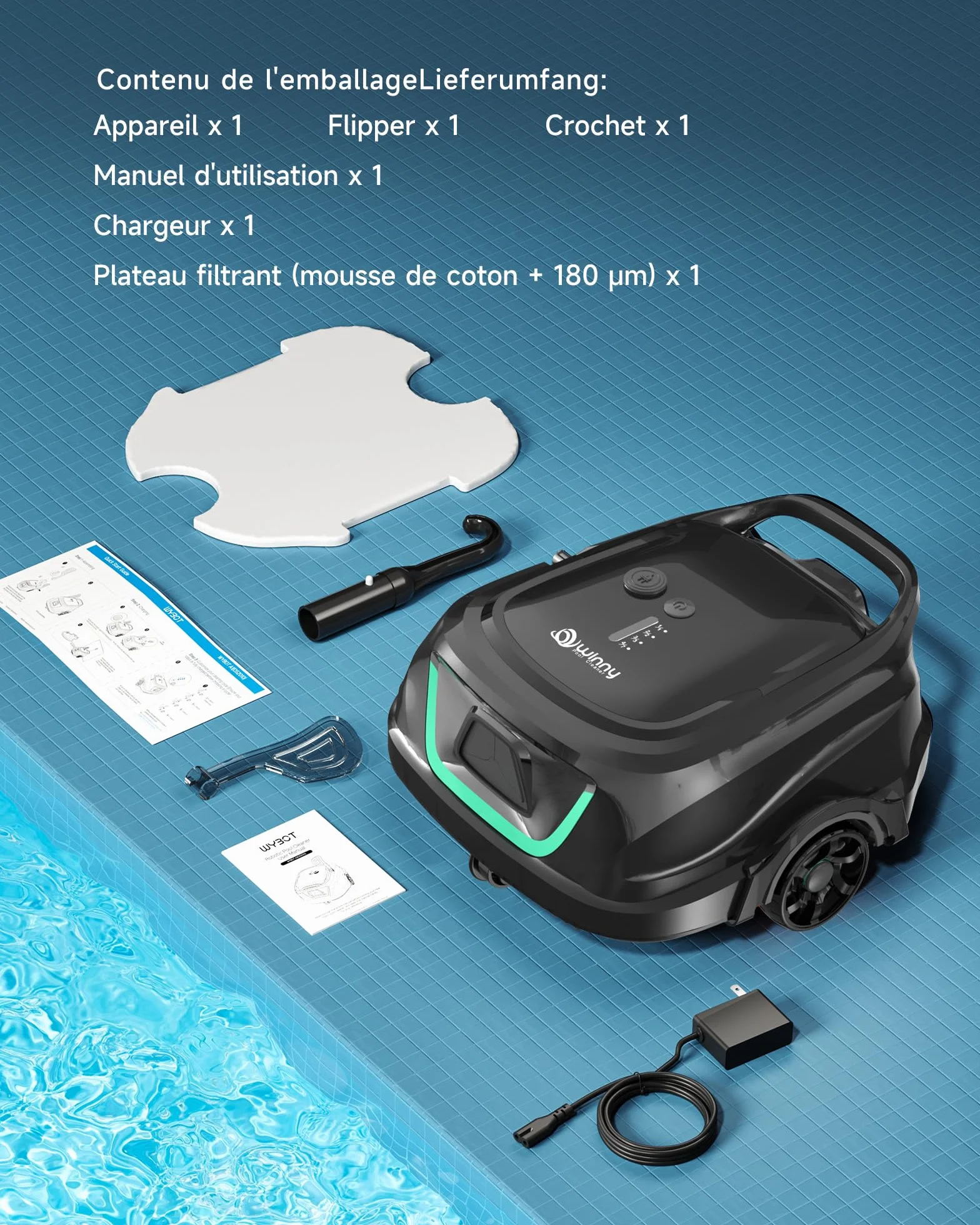 WYBOT A1/OS2010 Robot Piscine sans Fil pour Piscines Hors-Sol, Aspirateur Automatique, 120 Min Autonomie, Double Filtration, LED, 4 Modes