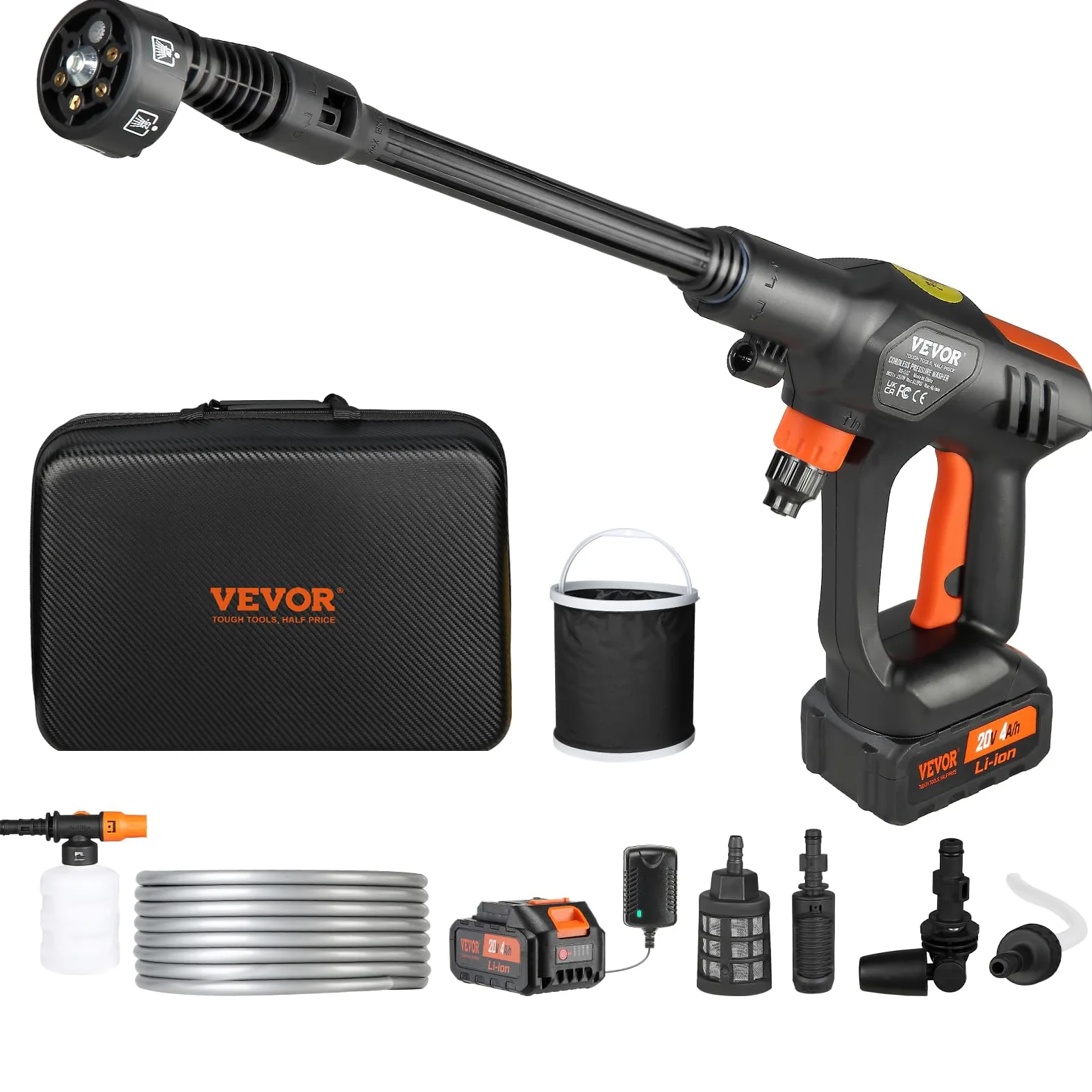 VEVOR Nettoyeur Haute Pression sur Batterie sans Fil 21 V Nettoyeur Haute Puissance Portable 652 PSI 50 Bar Laveuse Électrique 4 L/Min Batterie 4,0 Ah Chargeur pour Nettoyage Terrasse Jardin Voiture