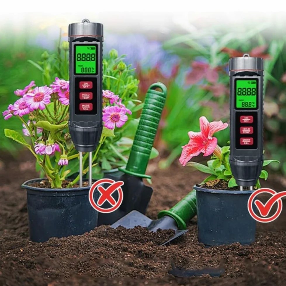 Humidimètre 3 en 1 avec rétroéclairage LCD - Moniteur numérique d'eau pour plantes - Température d'humidité - Conductivité - Outil de jardin intérieur ou extérieur - 211 mm