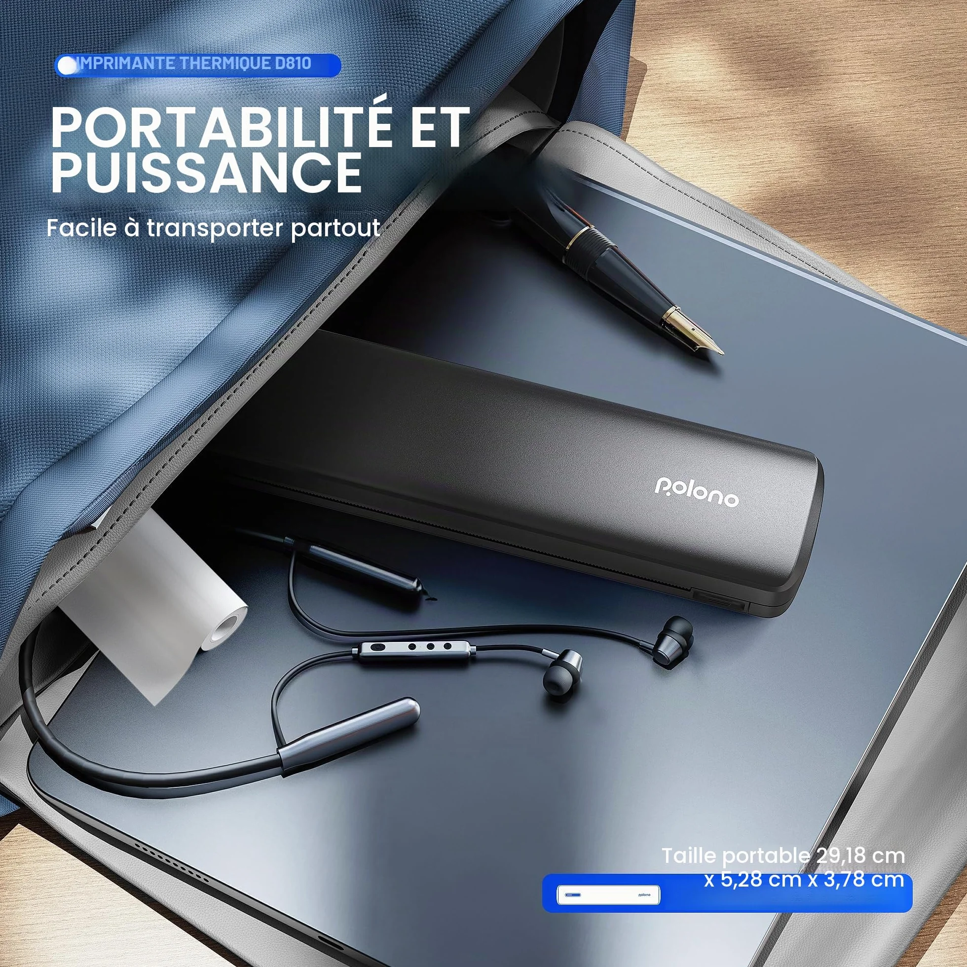 POLONO Imprimante thermique A4 sans fil portable pour voyage, compatible iOS Android ordinateur