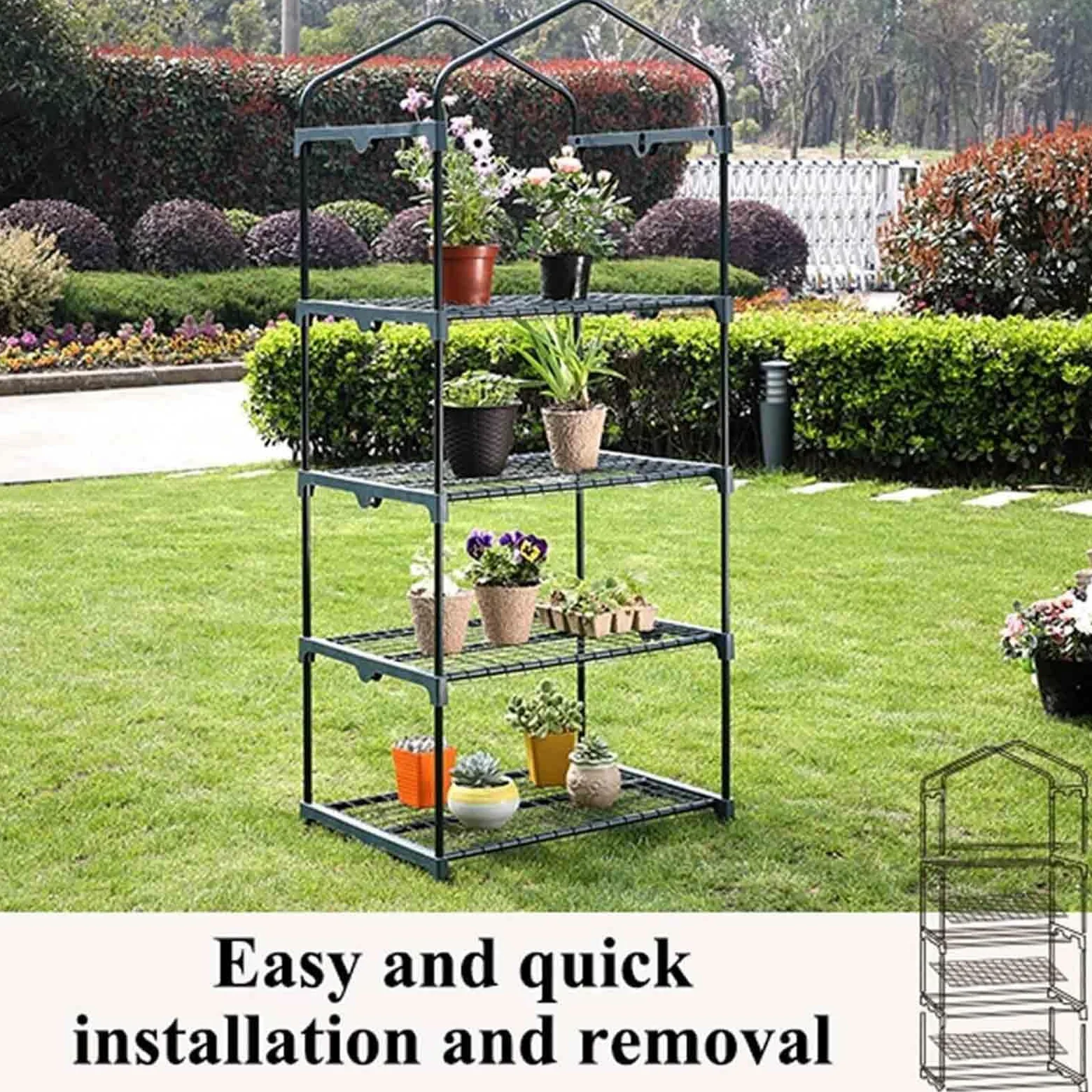 Serre à 4 étages avec design pop-up portable, couverture en PE/PVC, fenêtres et portes enroulables pour la croissance des plantes d'intérieur et d'extérieur