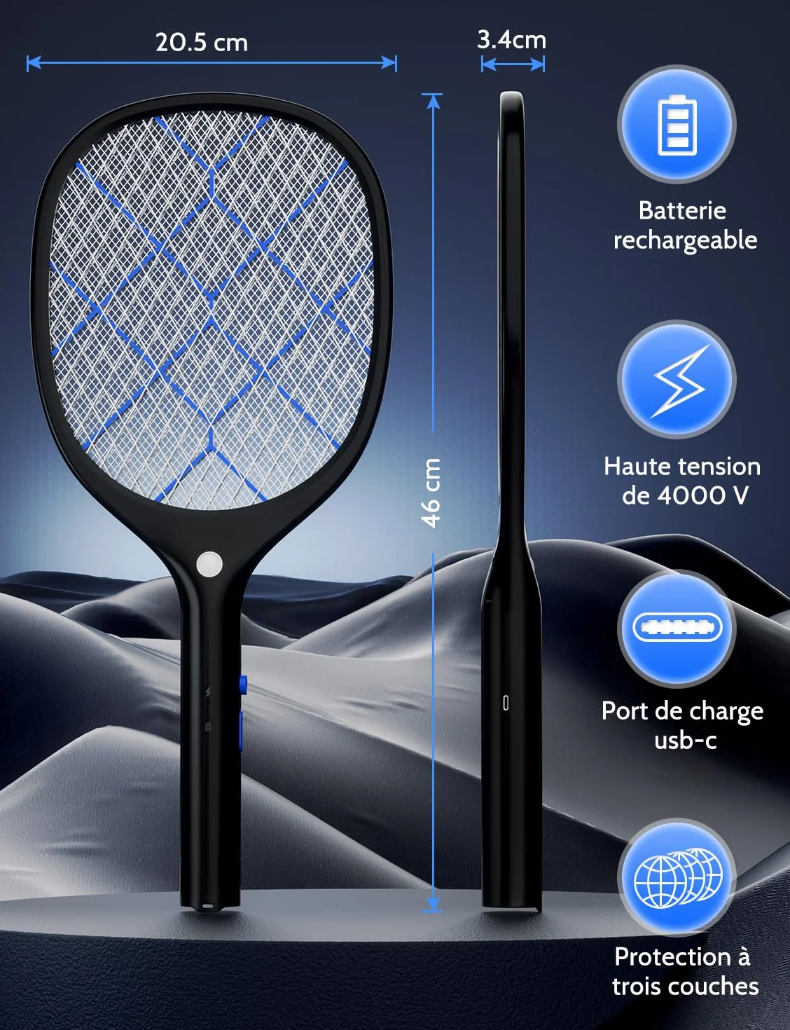 YISSVIC Raquette Electrique Insectes 4000 V Anti Moustique Rechargeable avec LED Noir