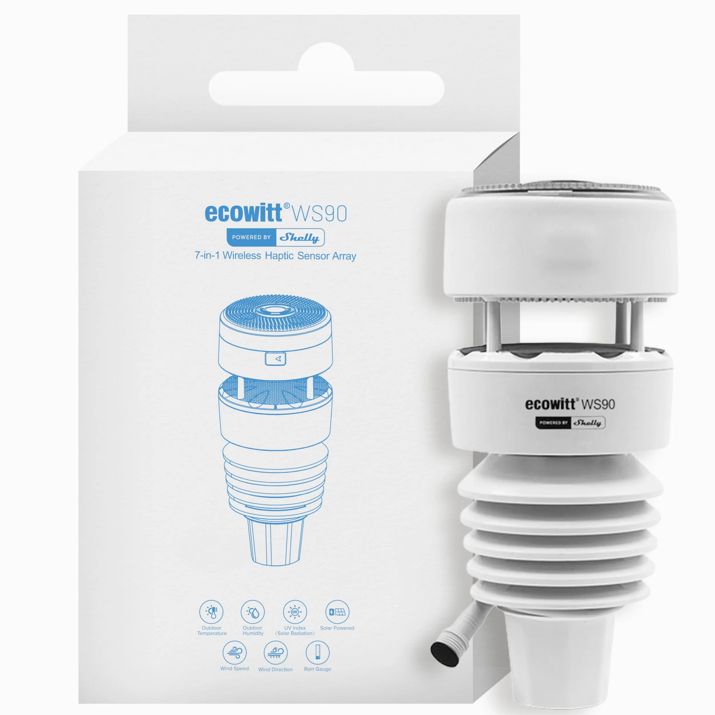 Ecowitt WS90 – Station météo sans fil extérieure, alimentée par Shelly, Bluetooth et Zigbee, Thermomètre et hygromètre connecté, Mesure vent, pluies, UV, Baromètre, IPX5, Aliemntation solaire