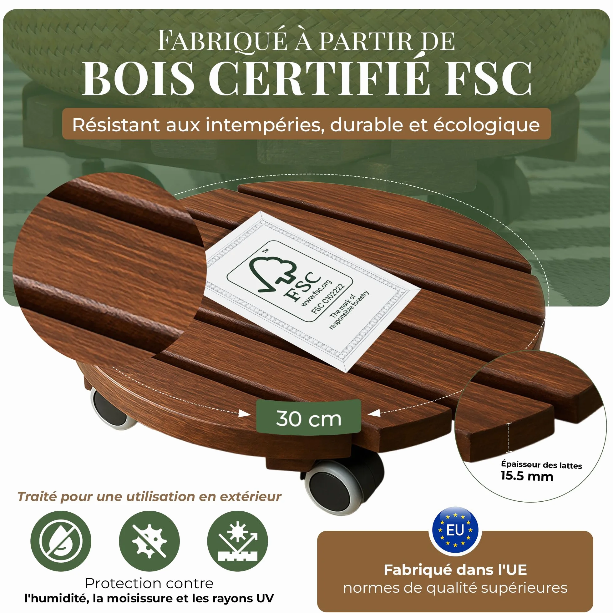 Porte Plante à Roulettes Ø 30 cm Lames Bois d'Aulne FSC 15,5 mm Roues 360° avec Frein Chariot Robuste 100 kg