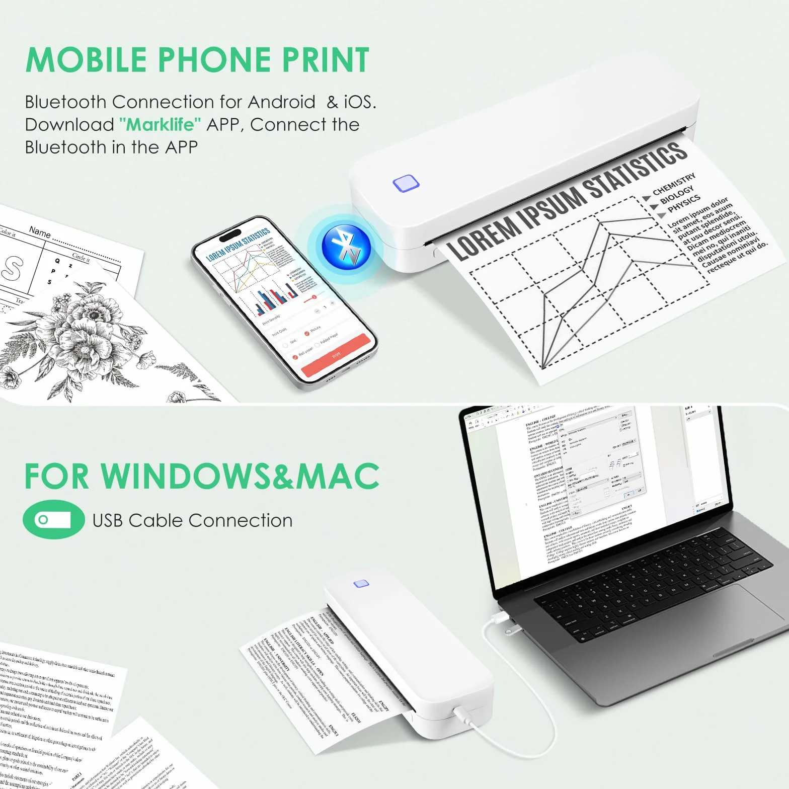 Imprimante Portable Bluetooth Thermique A4 210x297mm Compatible Android iOS Blanc
