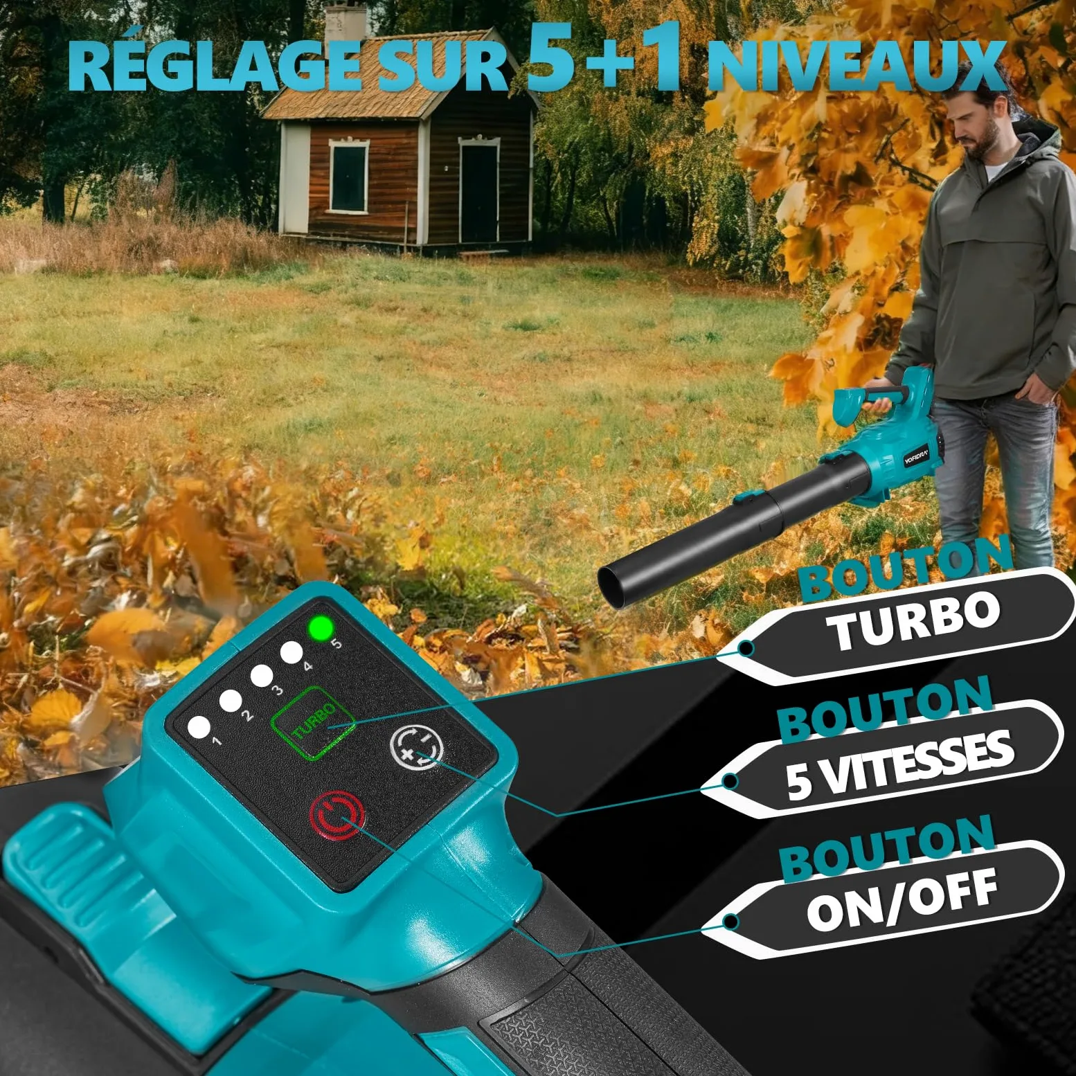 Yofidra Souffleur de Feuilles sans Fil, 400 km/h, 6 Vitesses | 25000 TR/Min Motor sans Balais, 2 × 4.0Ah Batteries, Souffleur sur Batterie pour Jardin, Feuilles, Poussière et Neige