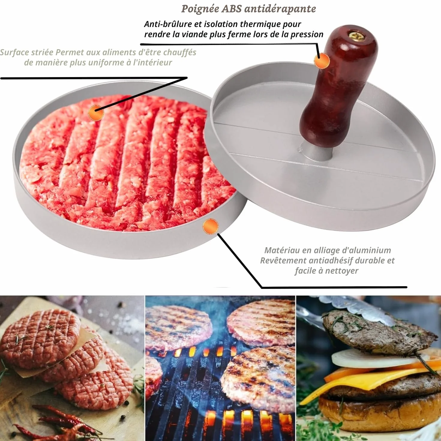 Presse à Steak Haché Antiadhésive en Aluminium pour Hamburger BBQ