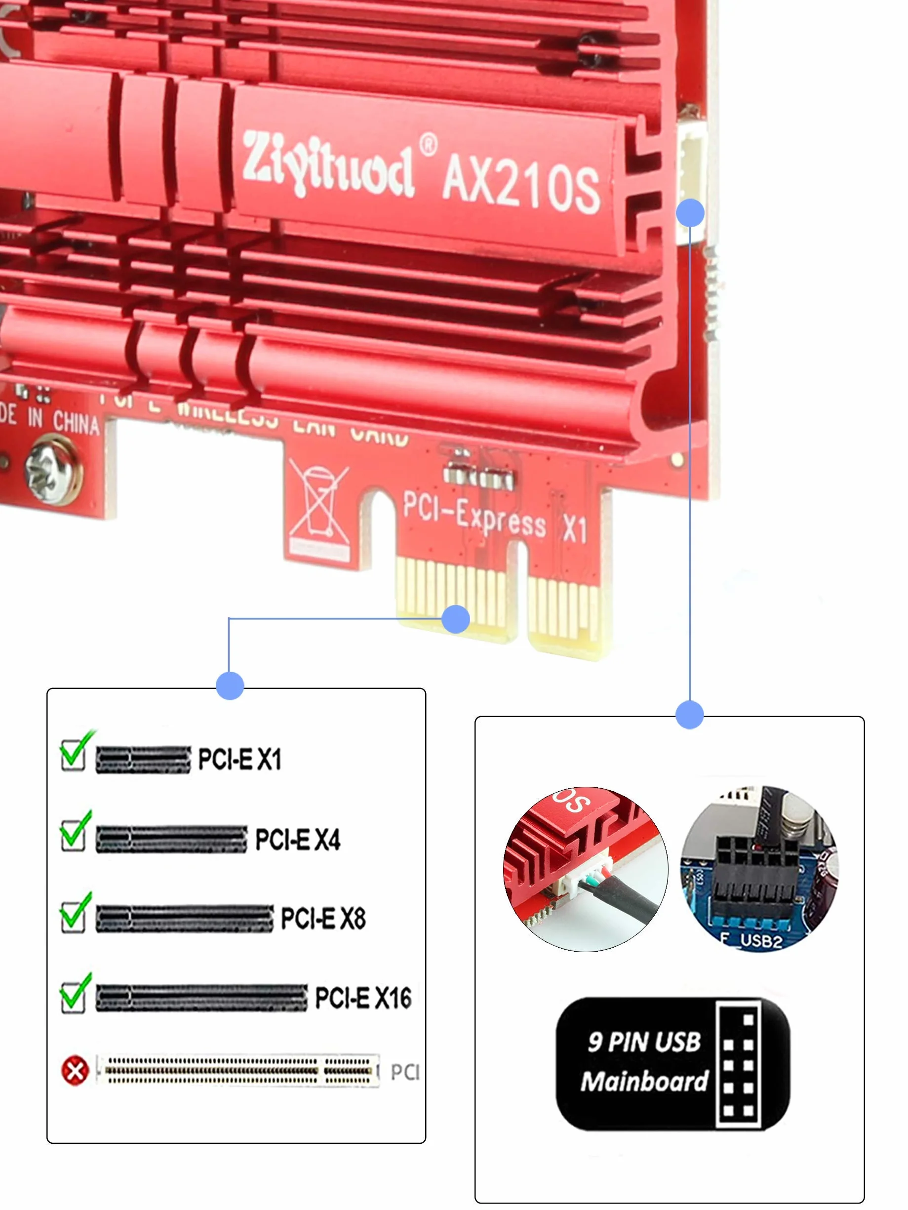 Intel WiFi 6E AX210 Carte WiFi 5400Mbps PCIe Bluetooth 5.3 Tri-Bandes 6GHz/5GHz/2.4GHz pour PC Win 11/10