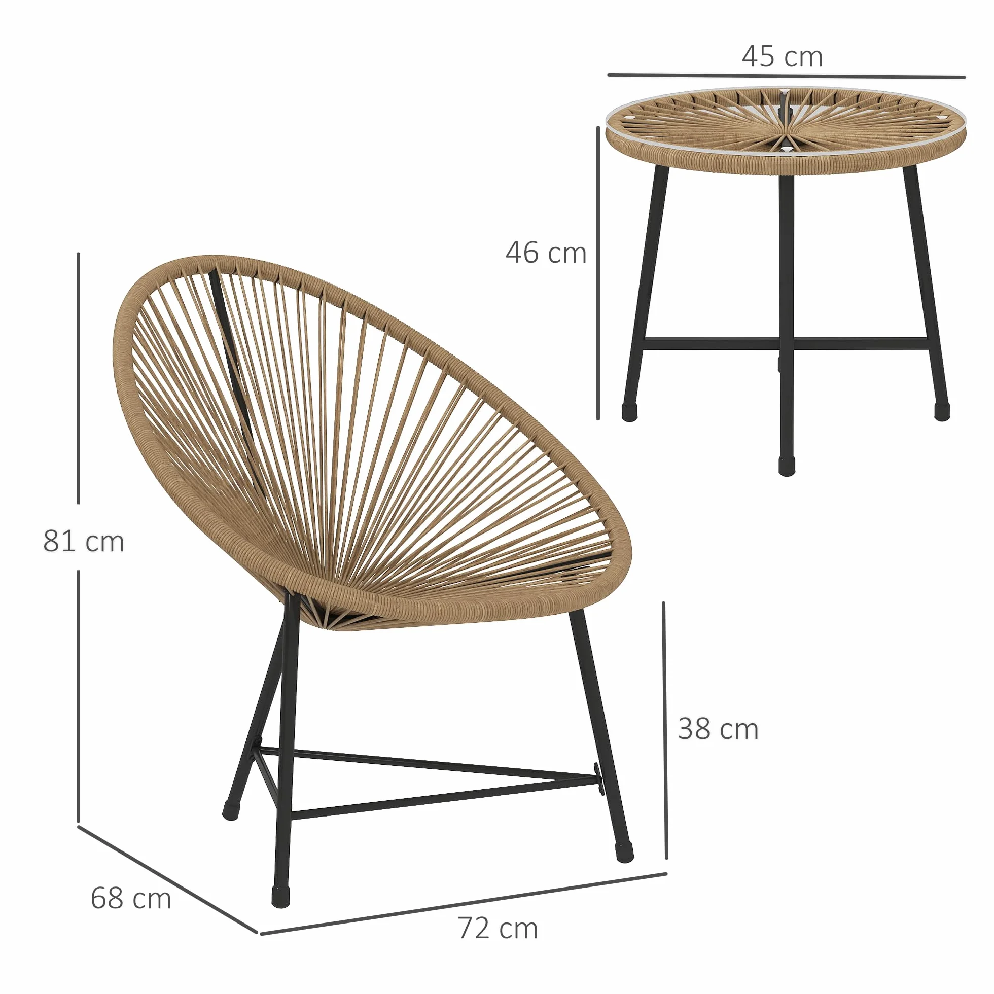 Outsunny Salon de Jardin extérieur en résine tressée 2 Personnes, Table avec 2 chaises, Plateau en Verre trempé, Naturel