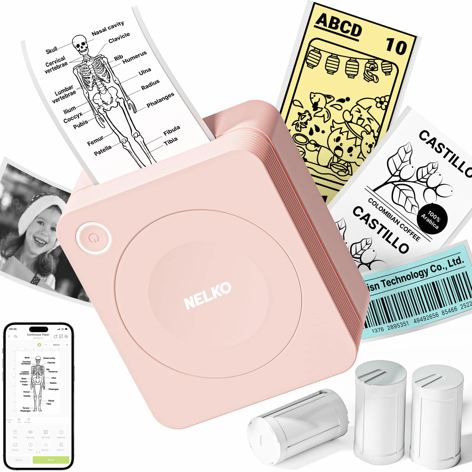 Nelko PM230 Mini Imprimante Thermique Portable avec 3 Rouleaux Papier, Rose