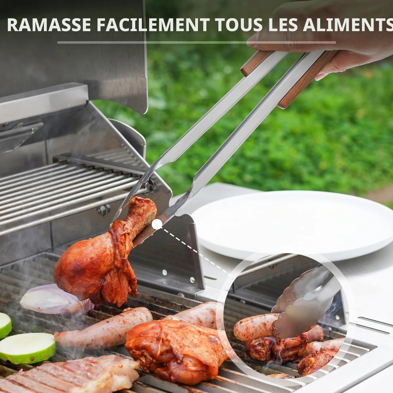 Onlyfire Set de Ustensiles pour Barbecue en Acier Inoxydable, 4 Pièces avec Poignées en Bois