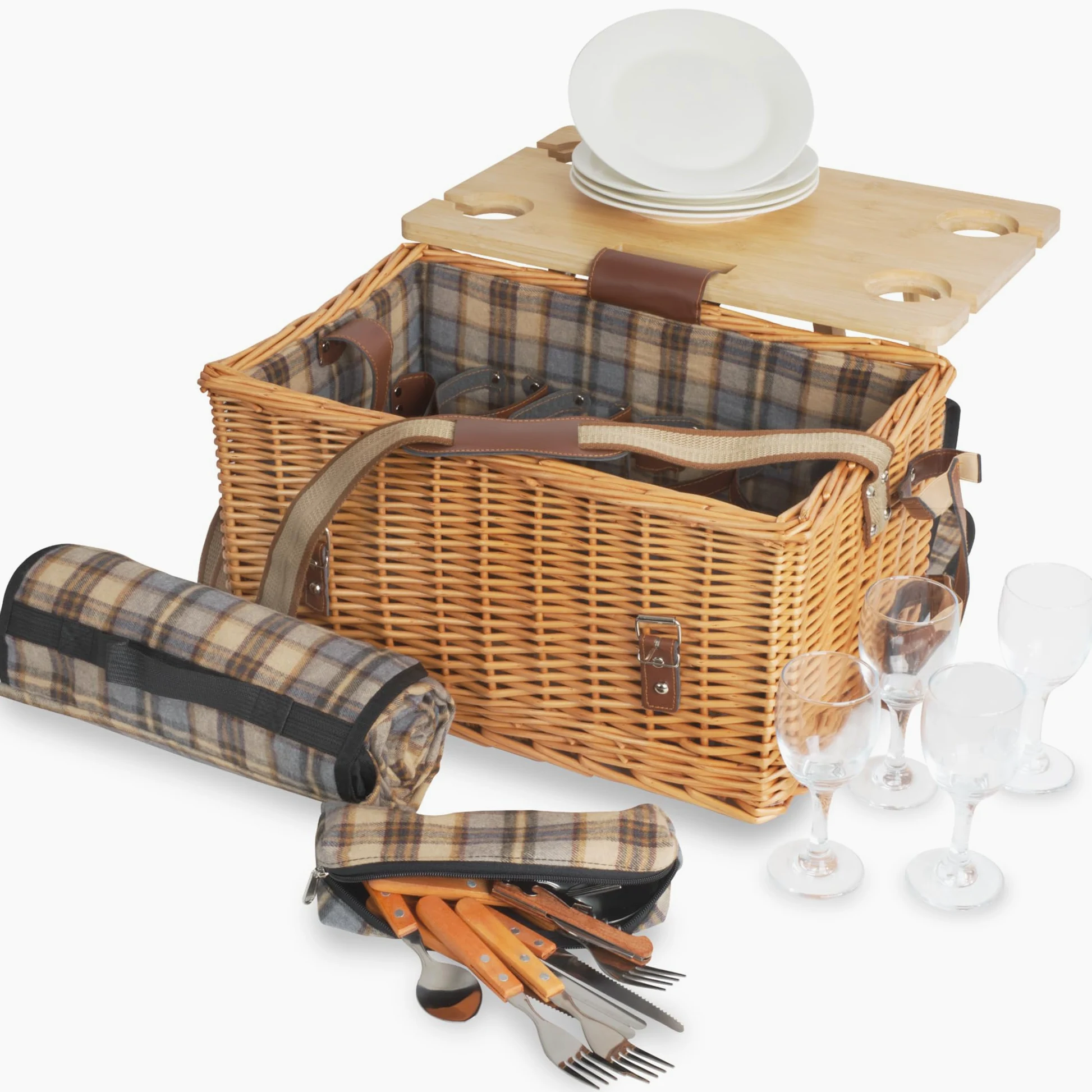 CampFeuer Panier de pique-nique pour 4 personnes, avec set de vaisselle et table de service, 25 pièces, panier en osier avec sangle en cuir synthétique, sac de pique-nique, set de pique-nique