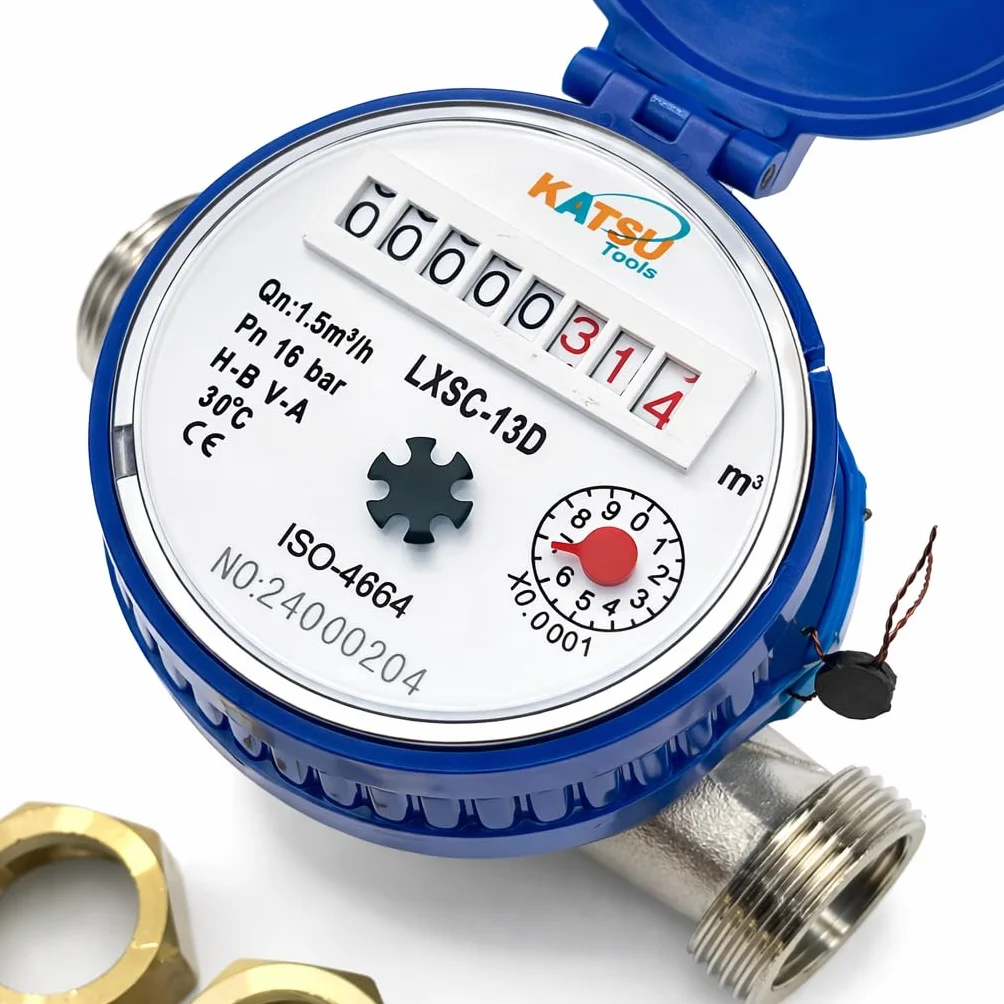 KATSU Compteur d'Eau Froide 13 mm Plastique ABS avec Raccords en Laiton Compteur à Sec