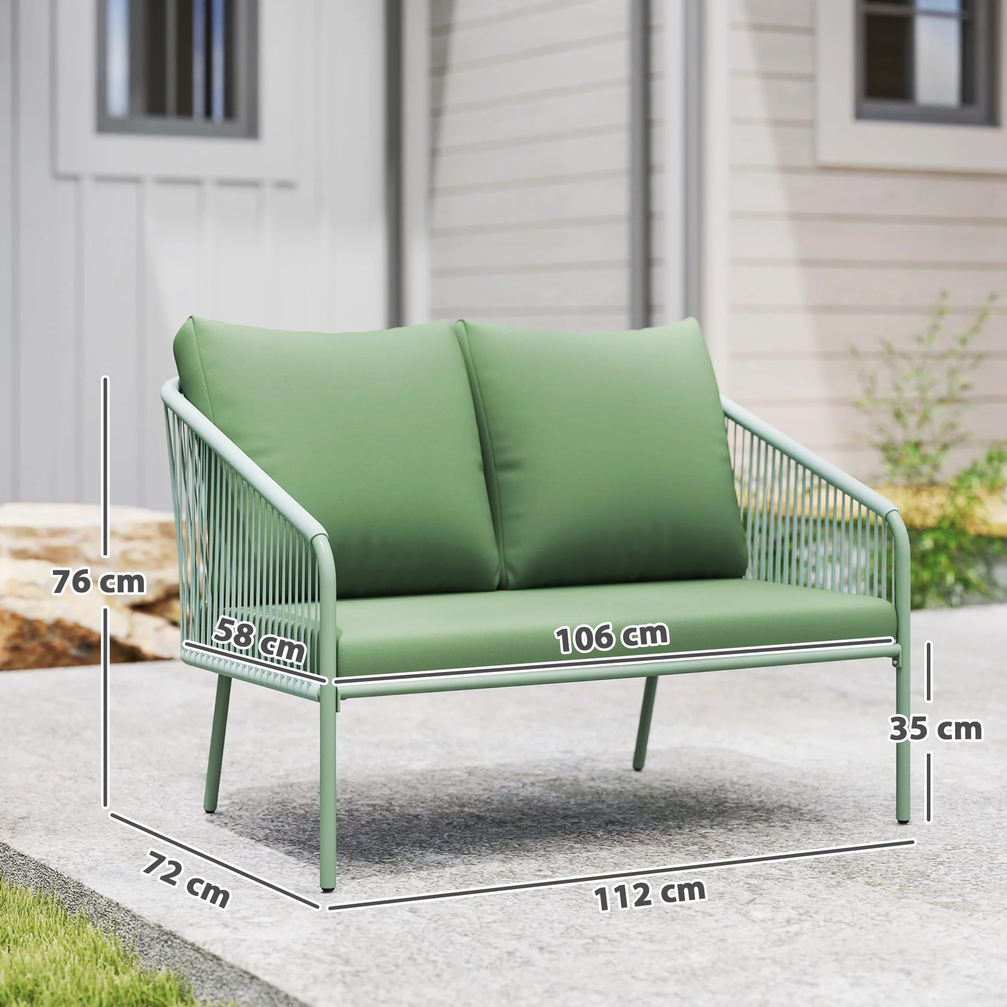 Outsunny Canapé de Jardin 2 Places Résine Tressée Coussins Accoudoirs Cadre Acier Vert
