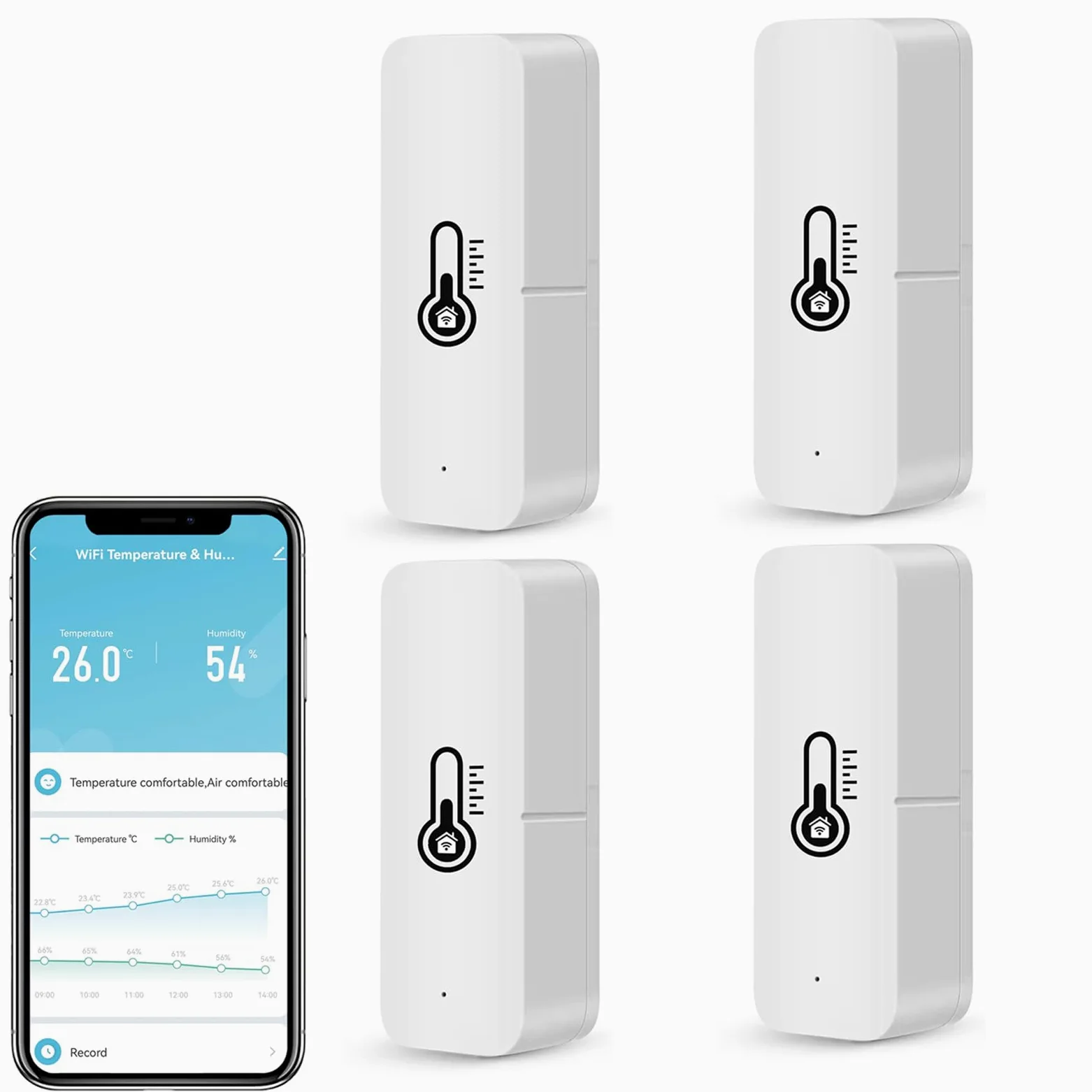 WiFi Thermomètre Hygromètre Intérieur, Mini Température et d'Humidité Intelligent pour Serre à Vin, Cave À Vin,Sous-sol,Surveillance Distance,Alerte Notification,Stockage Exportation des Données.4PCS