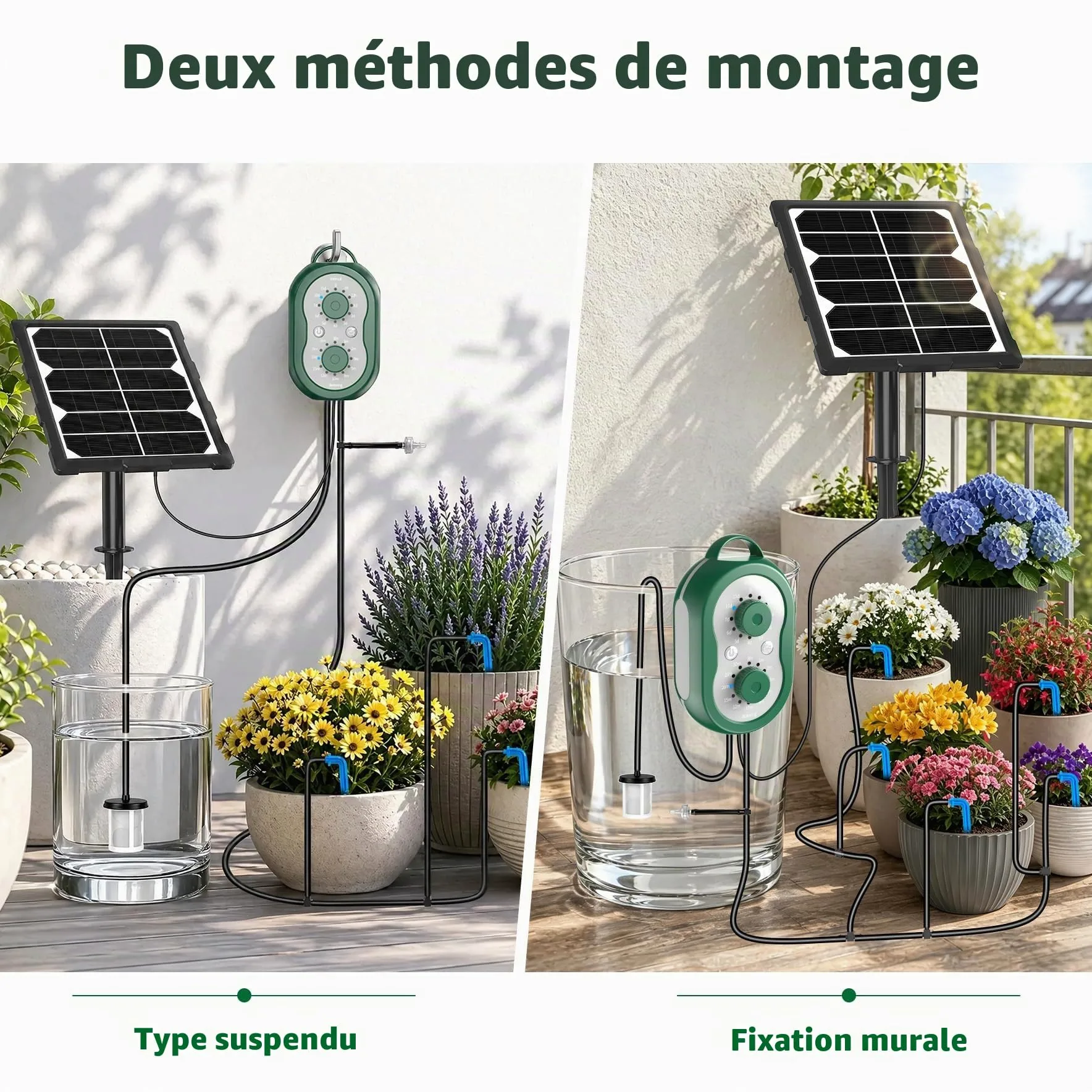 Kit Arrosage Automatique Solaire pour Jardin avec Contrôleur, 2200mAh Rechargeable Système D'irrigation Goutte à Goutte 132 Modes Arrosage Automatique pour Jardin, Balcon, Pelouse