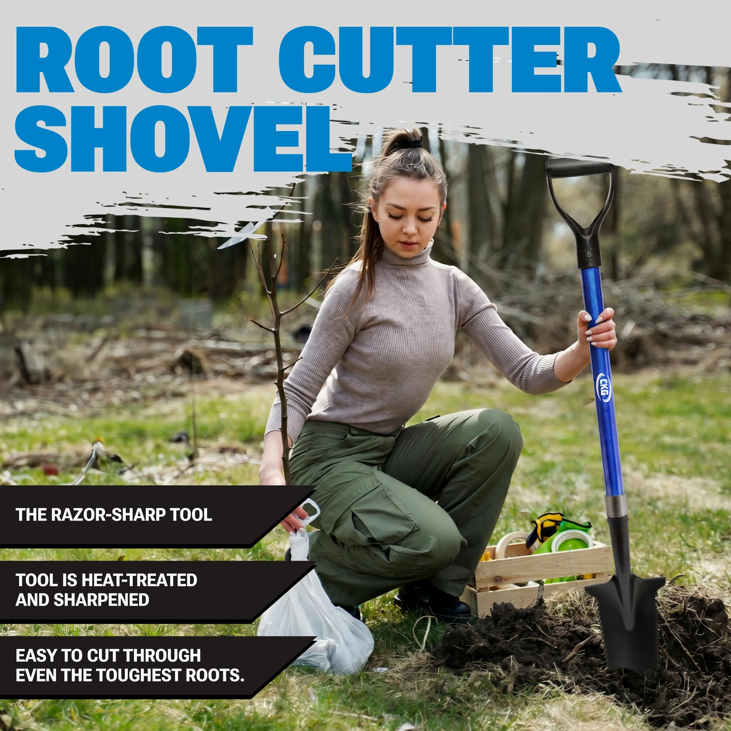 CKG Pelle de détection de métaux en carbone avec double lame dentelée – Coupe-racines de jardin léger, accessoire professionnel de détecteur de métaux, pelle dorée – Bleu carbone