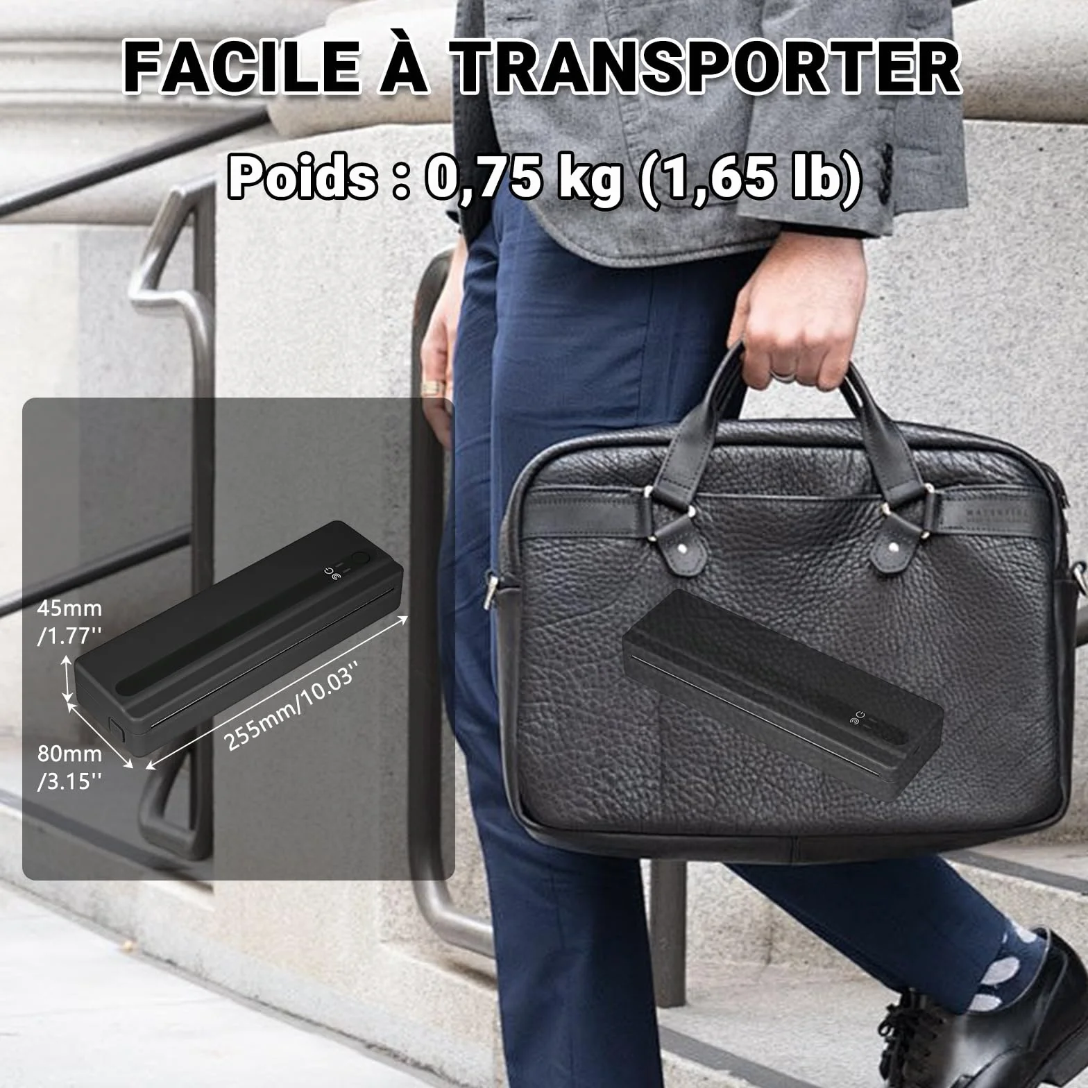 Imprimante Thermique A4 sans Fil Bluetooth Portable pour Voyage Compatible iOS Android Noir