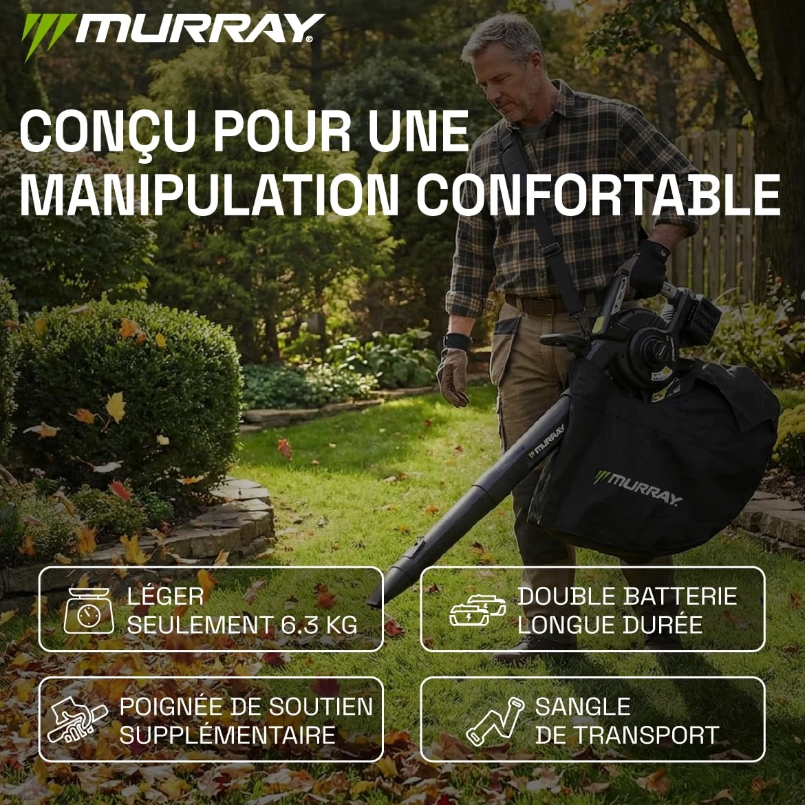 Murray Souffleur et Aspirateur de Feuilles à Batterie 20V 3-en-1 MU-BAT-VB270-KIT – Moteur sans Balais, Contrôle Intelligent, 4 Vitesses + Turbo, Sac à Poussière 45L, Montage Rapide