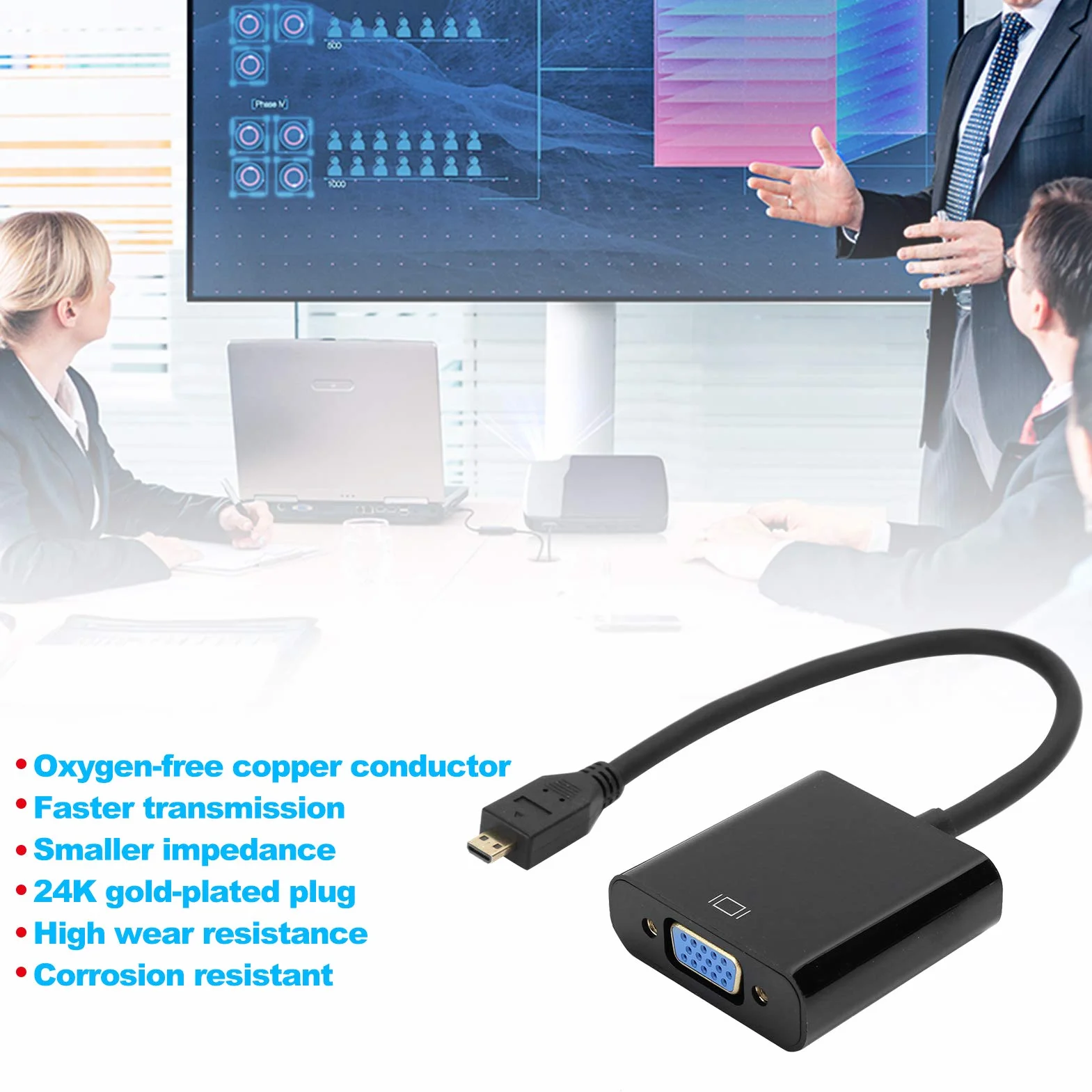 Adaptateur Micro HDMI vers VGA Actif 1080P avec Audio Stéréo 3,5 mm pour PC, Projecteur, HDTV