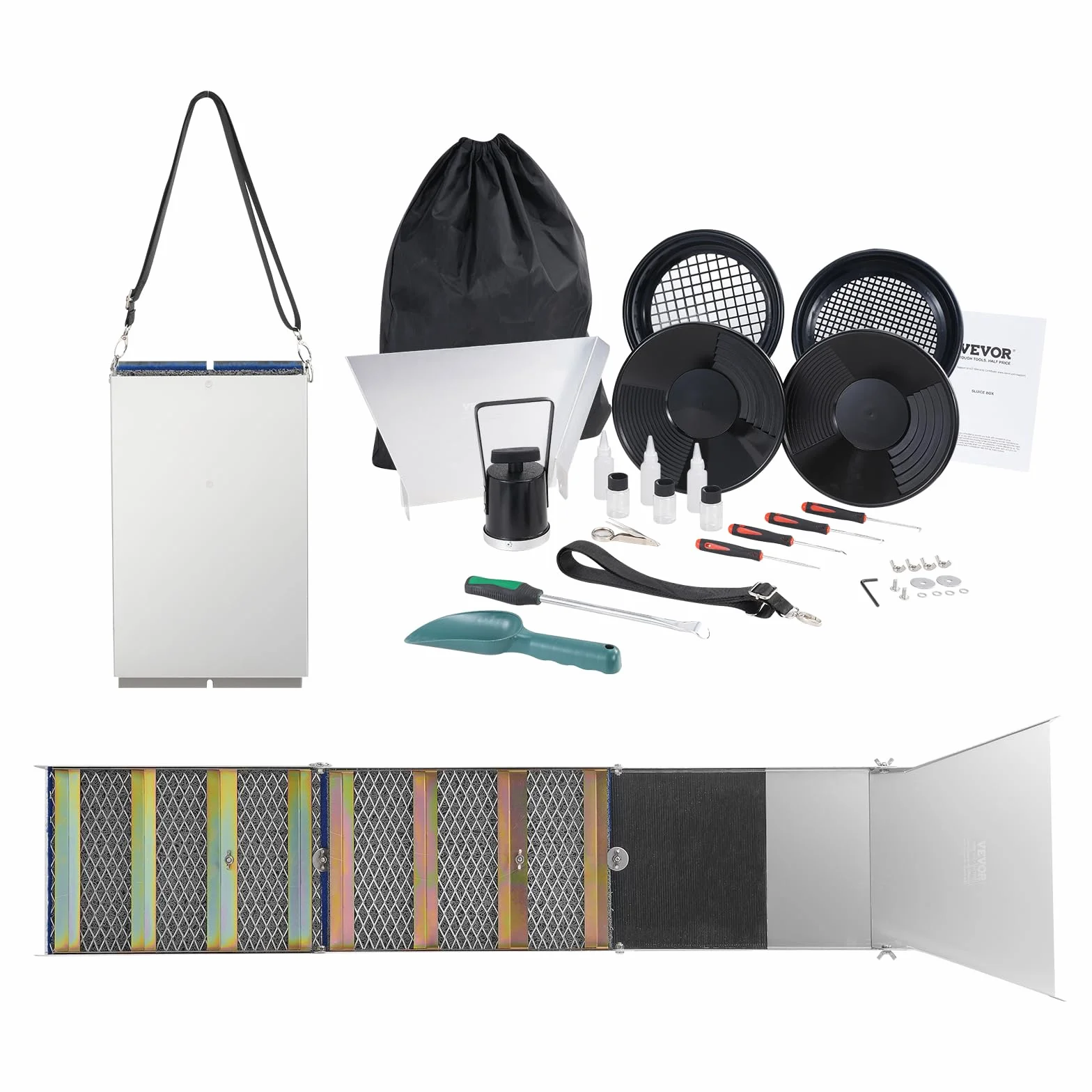 VEVOR Kit d'Orpaillage Portable 23 Pièces 127 cm Rampe d'Orpaillage en Aluminium avec Bâtée Tamis Pipettes Pelle