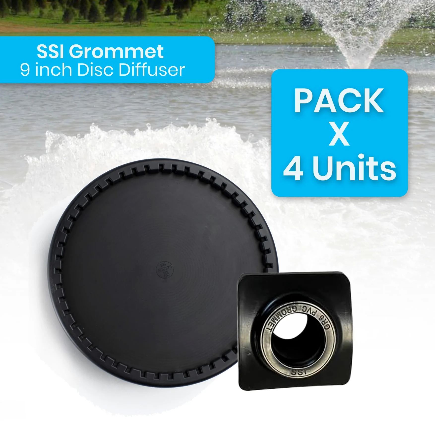 Thunder Parts SSI Aeration Original ECD270 + GR6 Lot de 4 diffuseurs de disques à bulles fines en EPDM de 22,9 cm avec connecteur (Groomet) pour bassins, aquariums ou traitement de l'eau