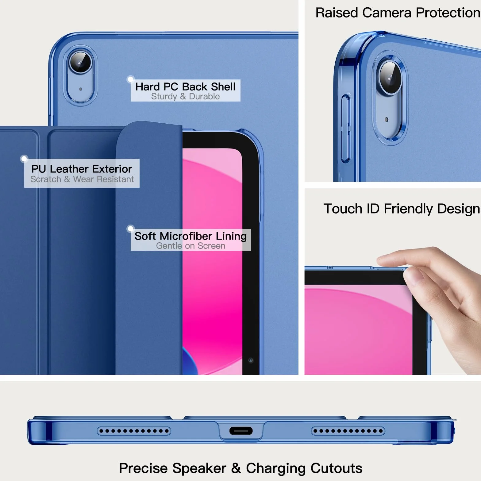 JETech Coque iPad A16 11ème 10ème Génération 2025 2022 Support Mince Dos Dur Housse Étui Veille Réveil Automatique Marine