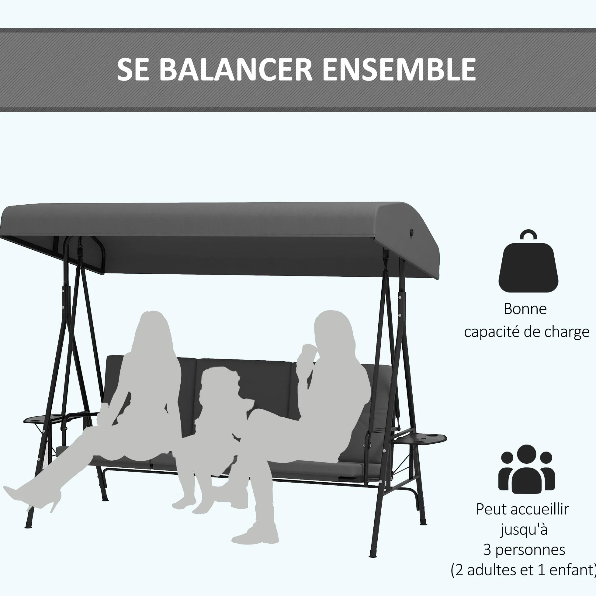 Outsunny Balancelle de Jardin 3 Places Grand Confort Toit réglable Acier Polyester Gris foncé