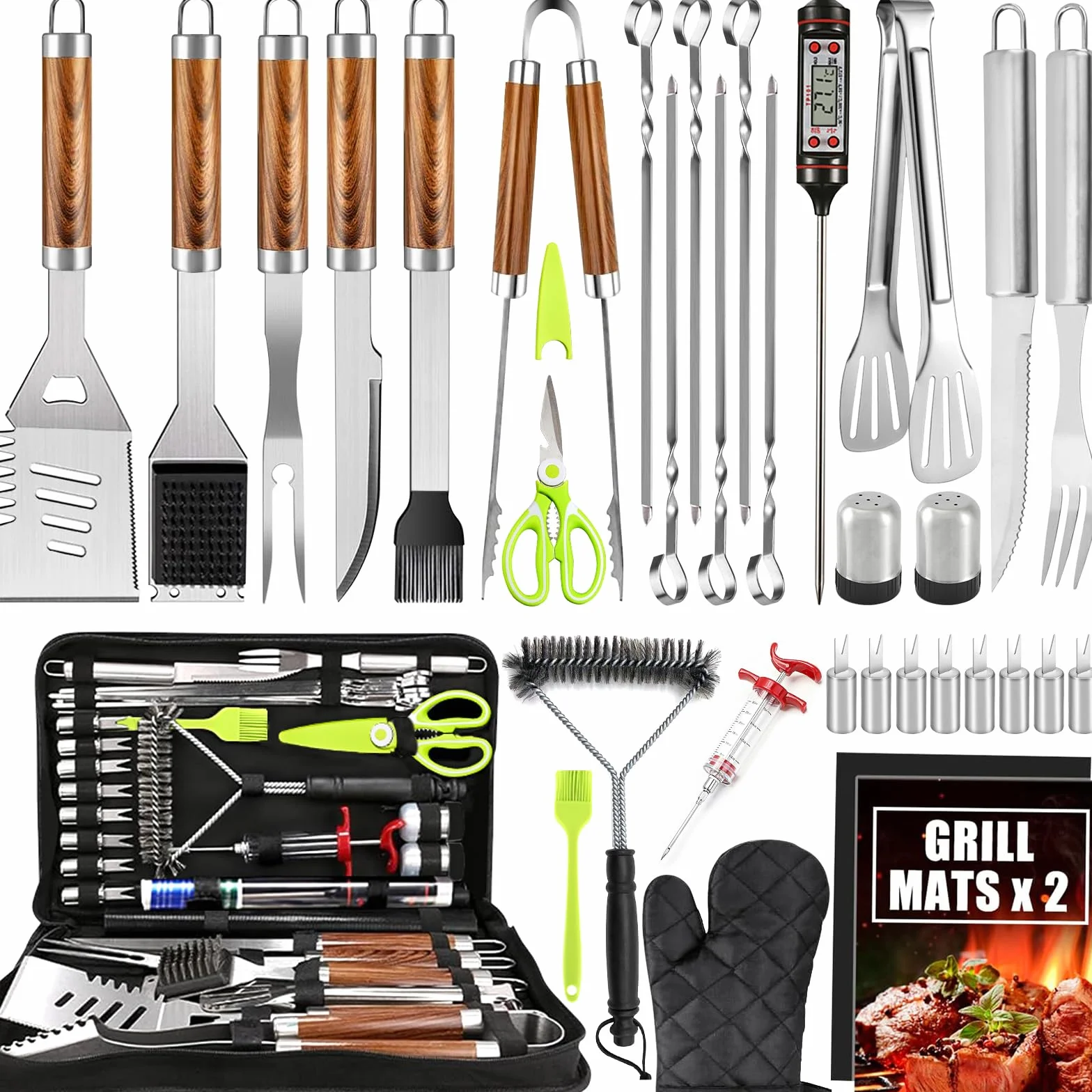 Kit Barbecue 34 Pièces, Ustensiles en Acier Inoxydable, avec Sac de Rangement et Tapis de Cuisson