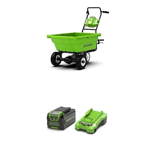 Greenworks G40GC Chariot de Jardin électrique autotracté 106L/100kg, basculement Facile, sans Batterie/Chargeur + Kit Batterie 40V 4Ah + Chargeur Universel 2A GSK40B4