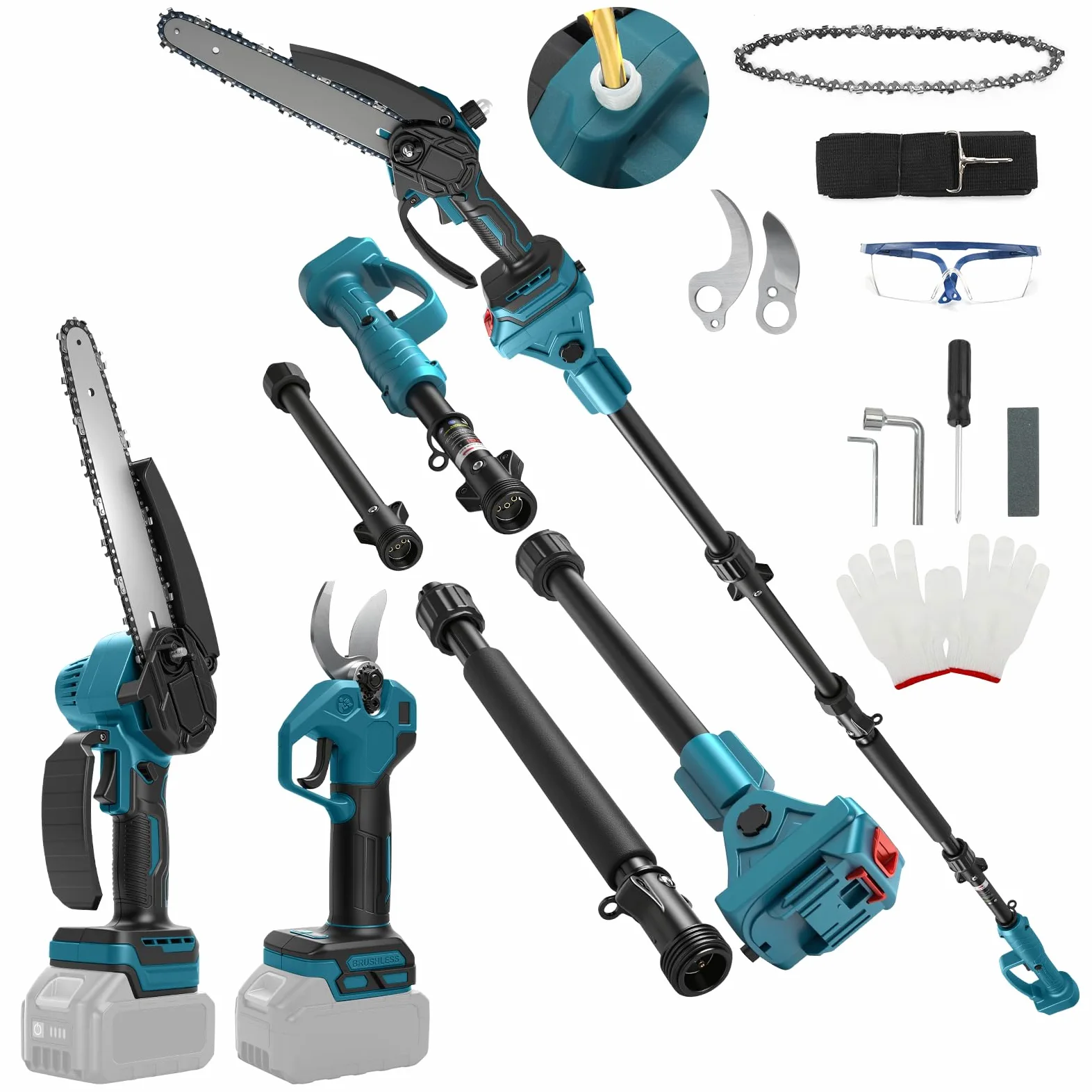 Scie à chaîne miniature de 8 pouces avec perche télescopique & élagueuse électrique 28 mm, set de jardin 4-en-1 compatible avec batterie Makita, portée maximale jusqu'à 4m (batterie non incluse)