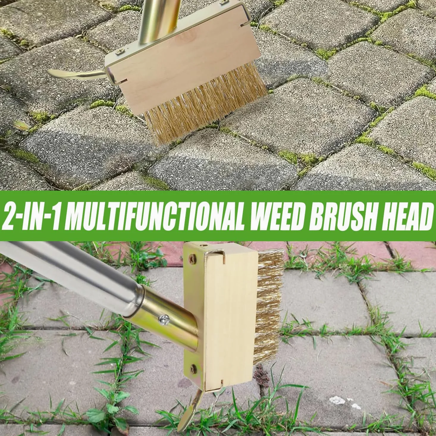 Outil de désherbage de terrasse de 152,4 cm avec long manche, grattoir et brosse métallique 3 en 1, outil de désherbage pour enlever les mauvaises herbes et la mousse, différents outils pour patio