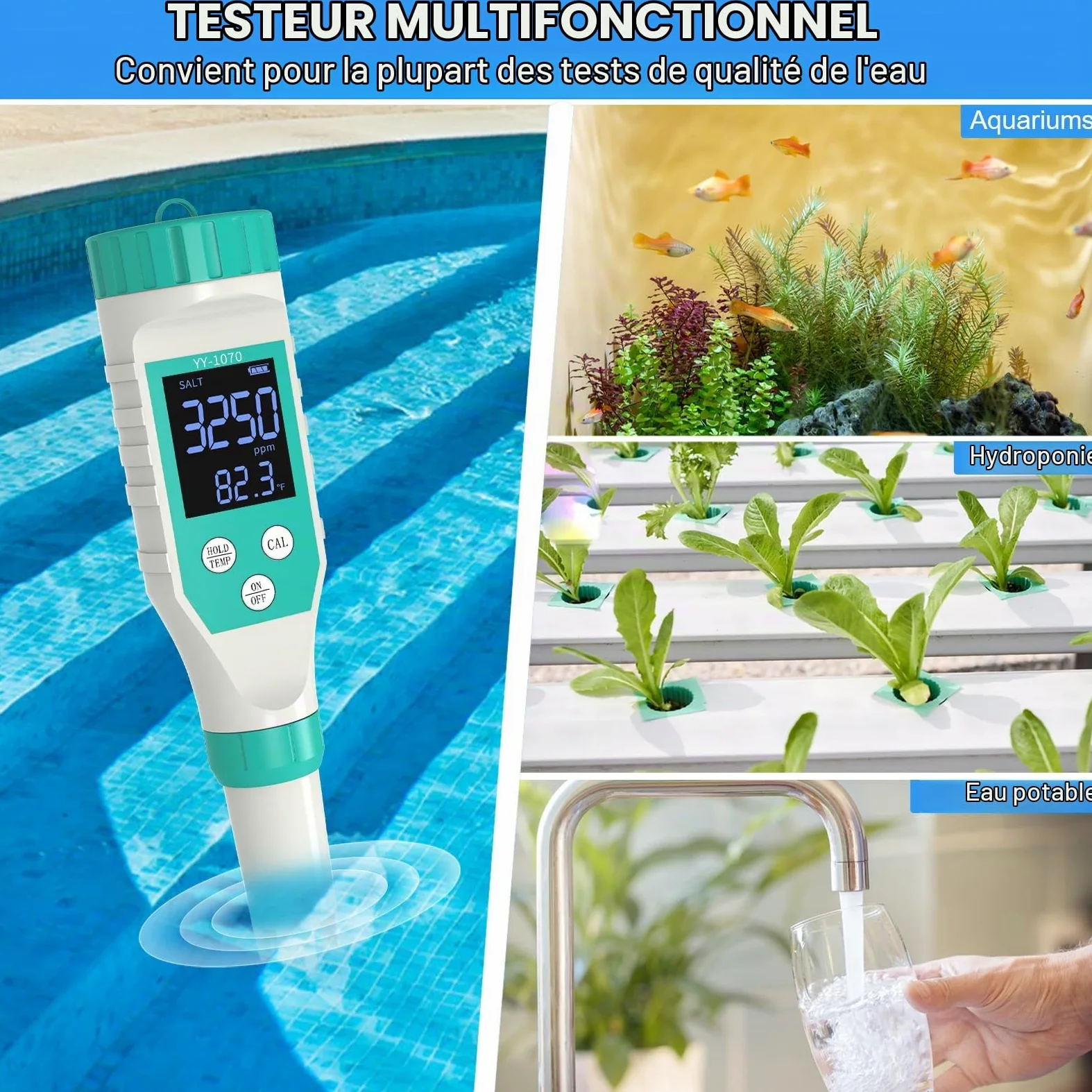 FAC ORP Appareil de mesure numérique du chlore et du pH de piscine 7 en 1 pour aquariums hydroponiques