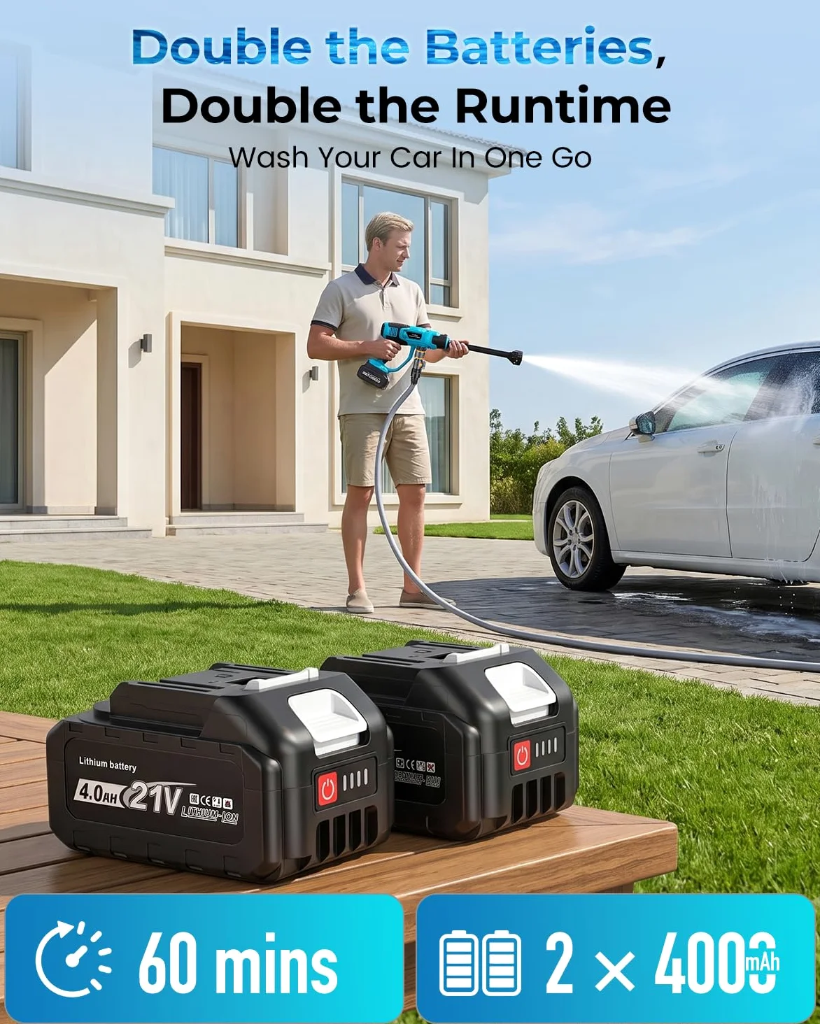 Nettoyeur Haute Pression sans Fil 100 Bar, Nettoyeur à Pression Mobile Compatible avec Batteries Makita 18V, avec 2 Batteries 4,0 Ah, Buse Pivotante 6 en 1,Tuyau De 5M, Nettoyer Les Voitures
