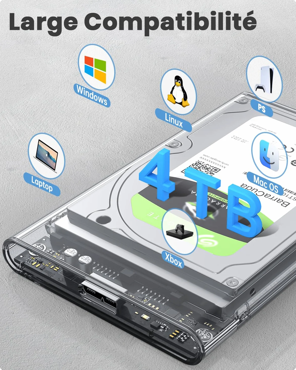 POSUGEAR Boîtier Disque Dur 2.5" USB 3.0 Externe 5Gbps SATA HDD SSD UASP Trim Sans Outils Transparent