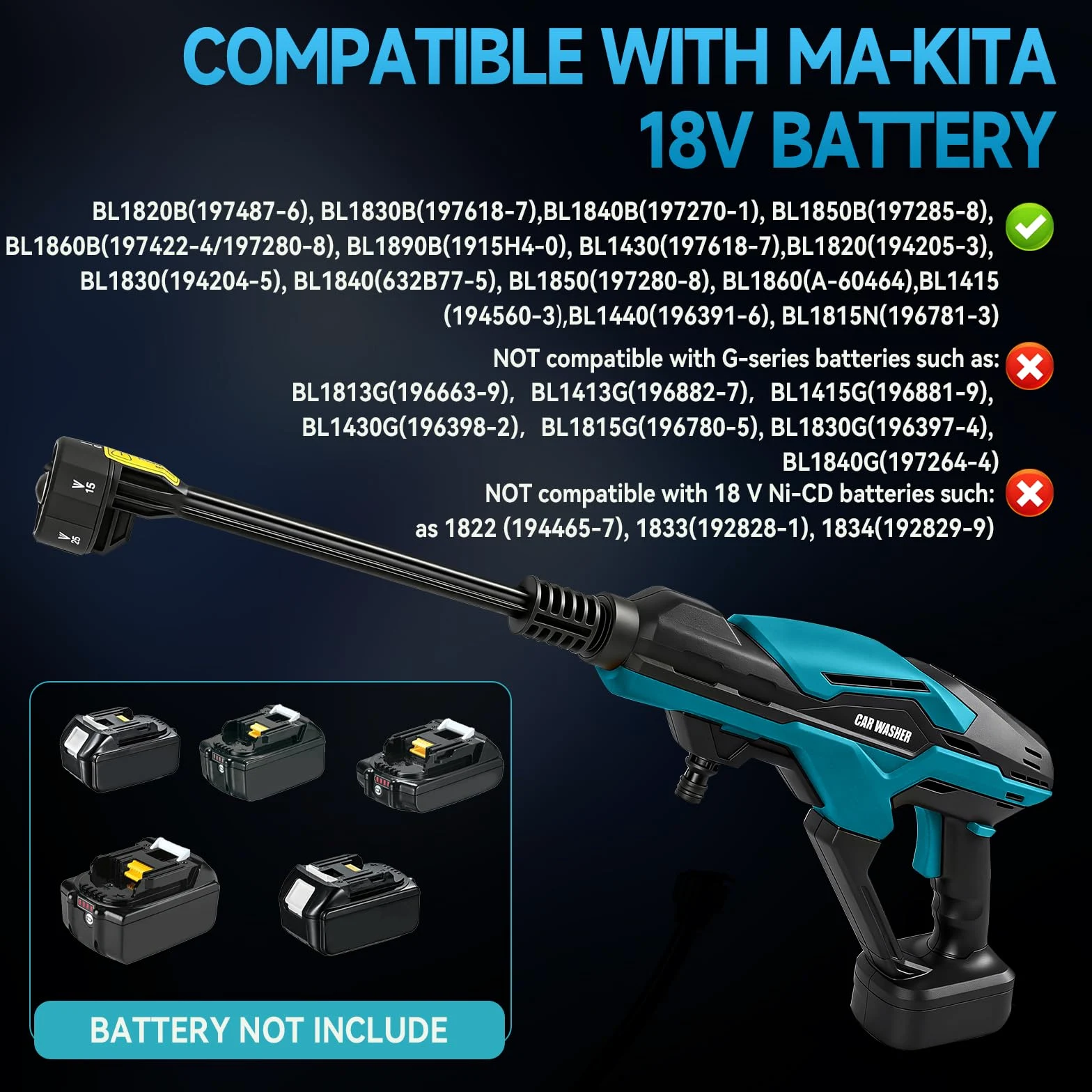 Nettoyeur haute pression sans fil compatible avec batterie Makita 18 V, pompe à eau à 3 pistons améliorée, 68 bar, nettoyeur haute pression portable sans balais avec buse 6 en 1, écran tactile
