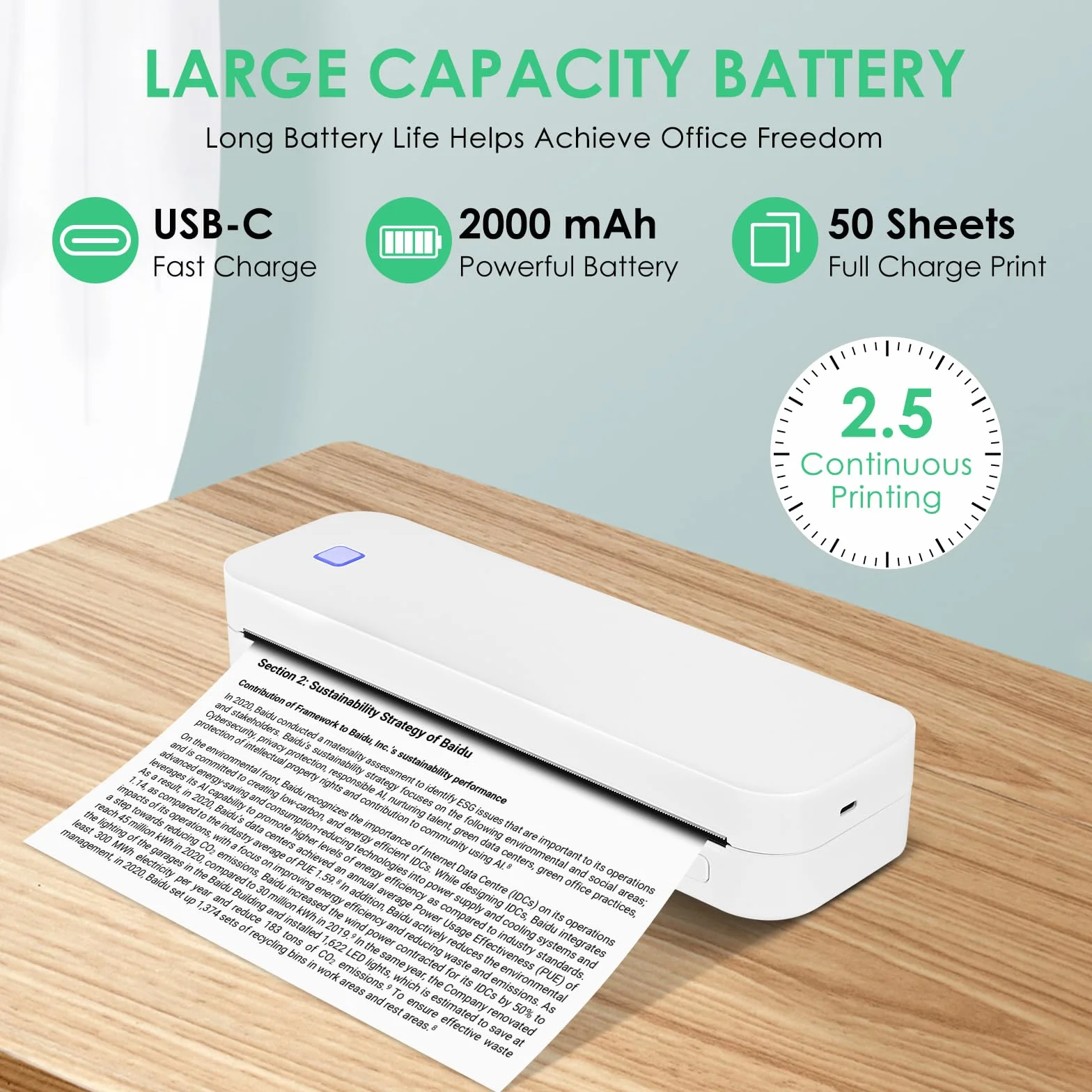 Imprimante Portable Bluetooth Thermique A4 210x297mm Compatible Android iOS Blanc