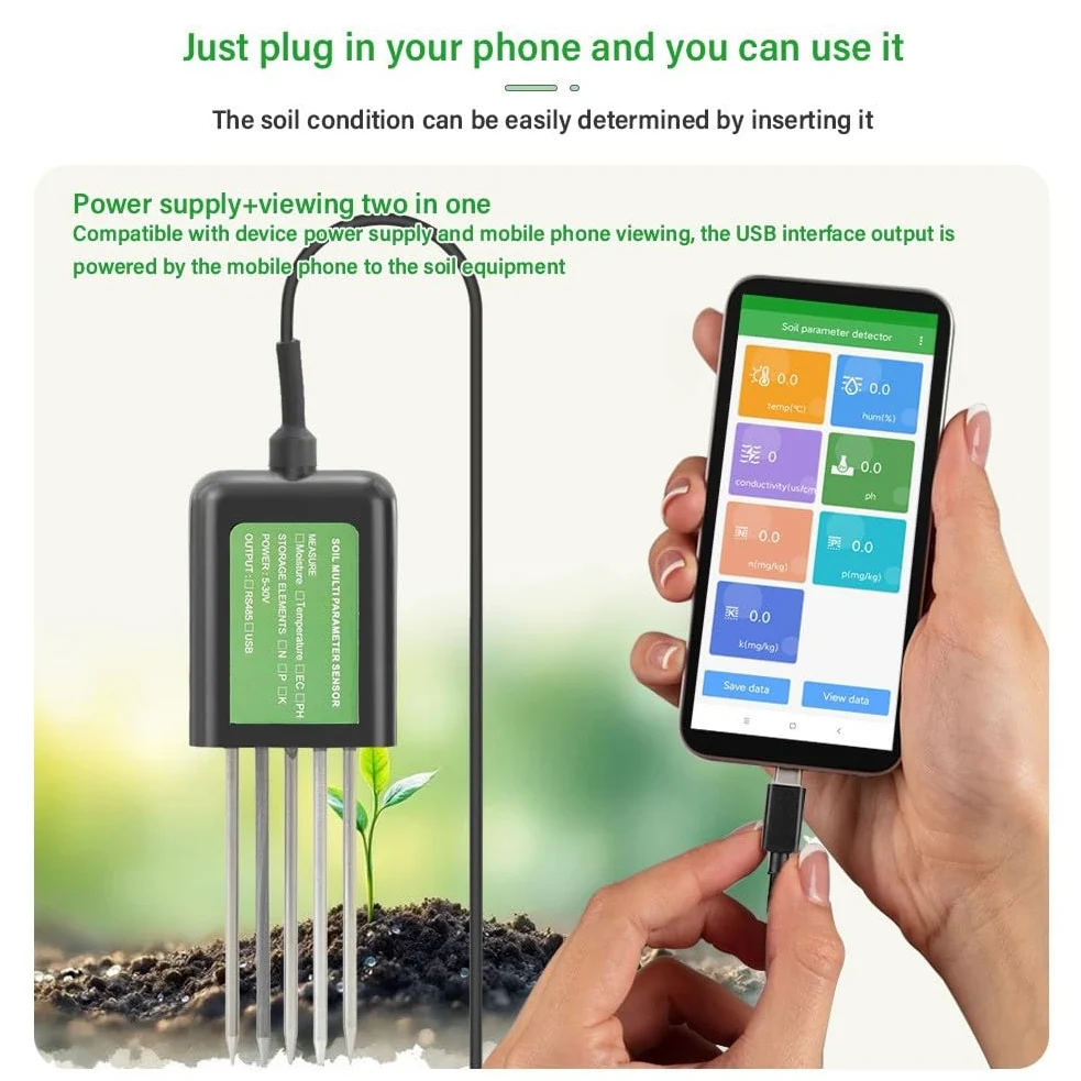 Testeur de sol USB 7 en 1 pour Android, IP68, humidité de la terre, pH EC, température NPK, capteur NPK avec joint en résine époxy et sonde métallique, analyse des données en temps réel pour