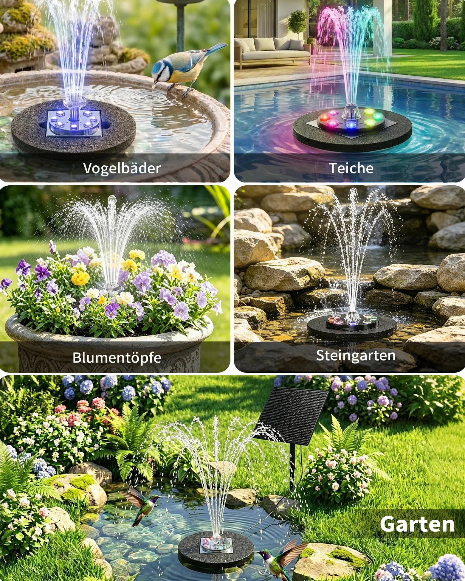 Pompe de bassin solaire 8W avec batterie 1800mAh – Fontaine solaire pour l’extérieur, idéale pour bain d’oiseau, petit bassin et jeu d’eau – 10 styles de jet et 8 LED colorées