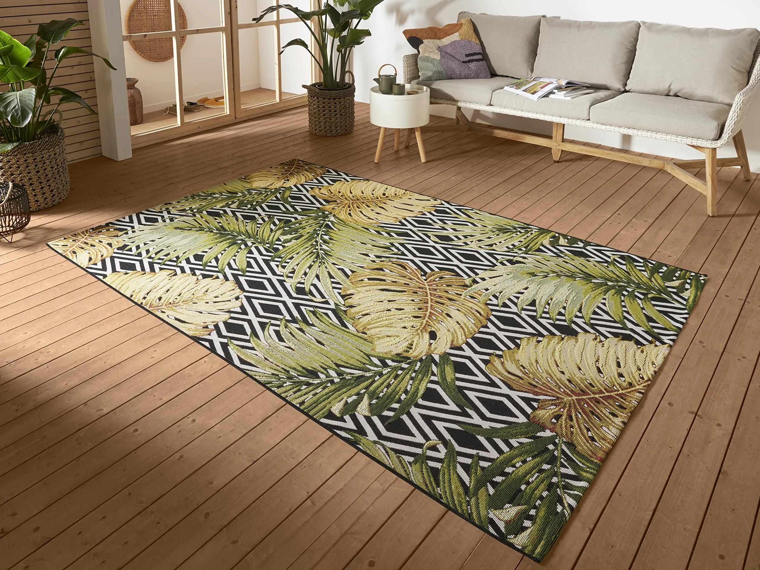 HANSE Home Diamonds Tapis d'intérieur et d'extérieur - Tissage Plat - Motif géométrique - Design de Palmiers Floraux - Certifié Oeko-Tex - Résistant aux intempéries et aux UV - pour Balcon, terrasse,