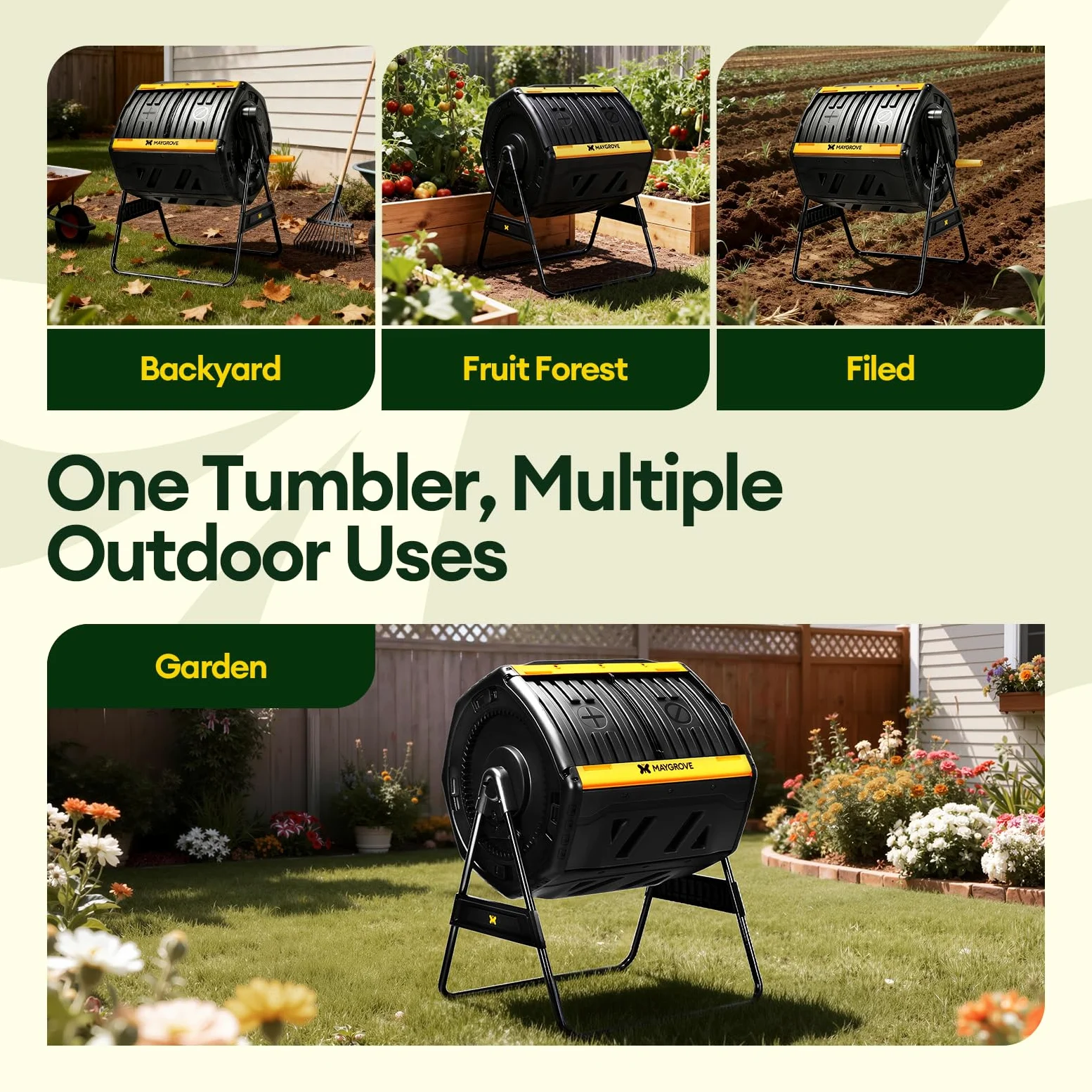MAYGROVE Composteur 200L à 2 Compartiments Rotatif 360° Bac à Compost pour Jardin avec Portes Coulissantes Cadre en Acier Robuste