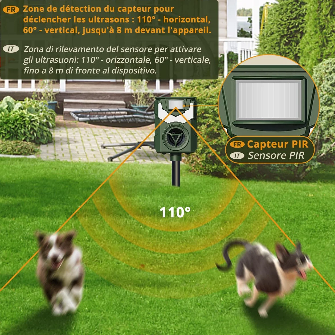 Répulsif Chat Ultrason avec Lumière Flamme LED, Recharge Solaire et USB, Étanche pour Jardin Potager, Lot de 2