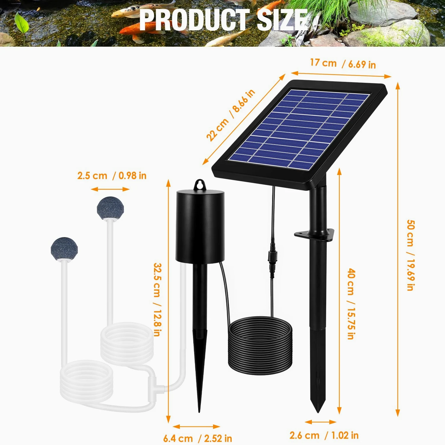 Aérateur de bassin solaire 4W 2200mAh 3 modes et sans bruit avec 2 pierres à bulles d'air | Pompe à air solaire pour étang - Oxygénateur solaire pour étang - Piscine