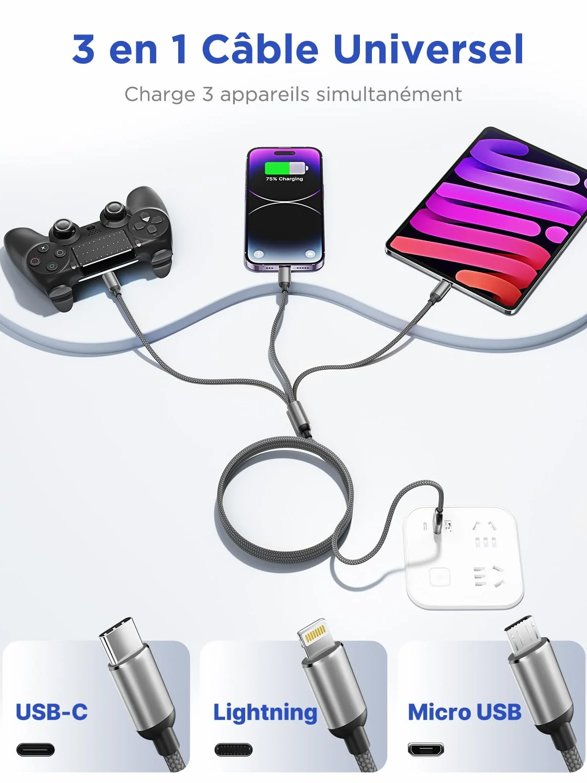 Câble Multi USB 3 en 1 Universel Rapide 1.2M Nylon Tressé Micro USB Type C Lightning pour iPhone Samsung Huawei