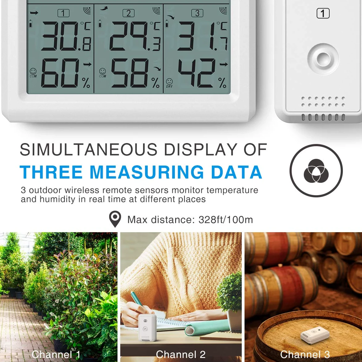 Indoor Outdoor Thermometer, Temperature Humidity Monitor with 3 Wireless Sensors, Humidity Gauge with LCD Backlight, Room Thermometer Hygrometer for Home